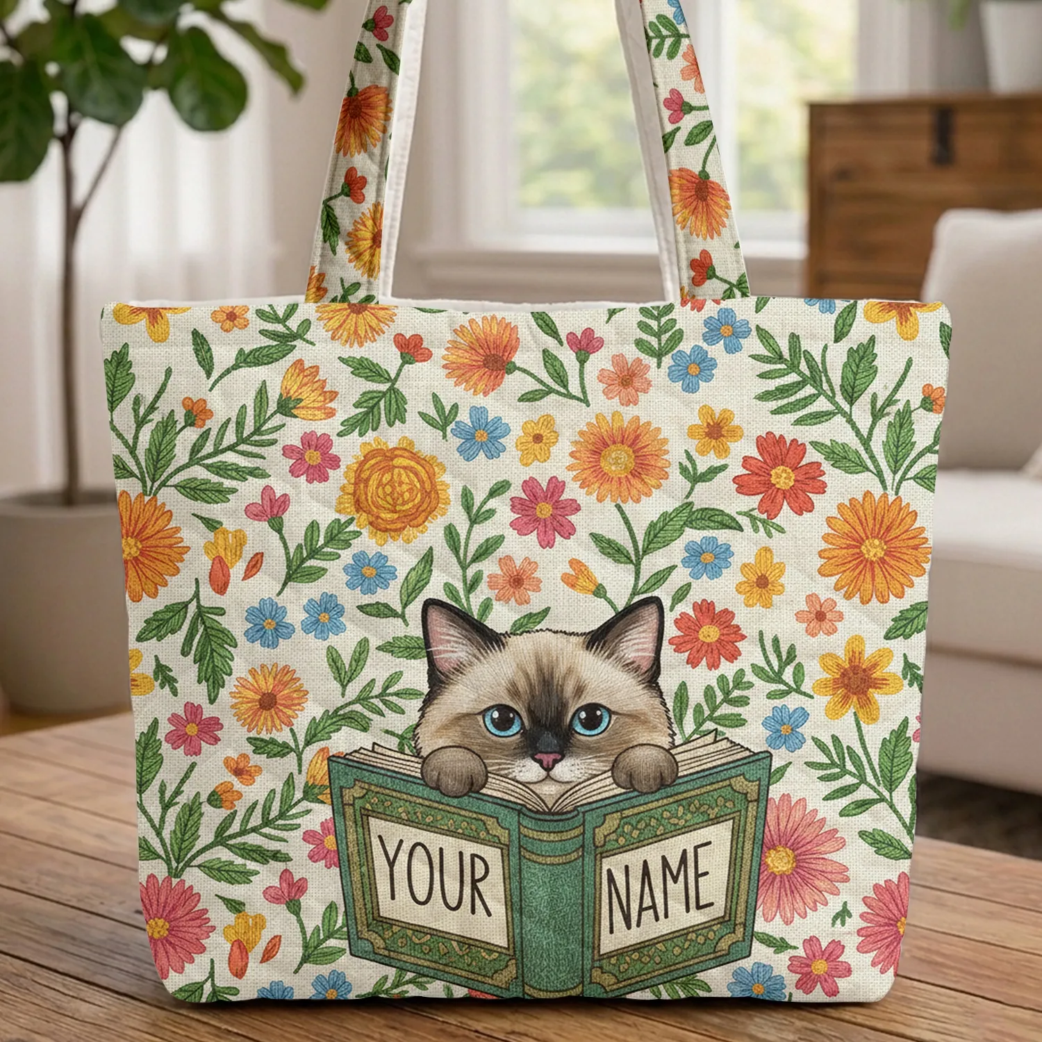 Ragdoll Cat Open Book Floral Daisies Asters - Cat Lover Gift for Bookworms Quilted Tote Bag - 1