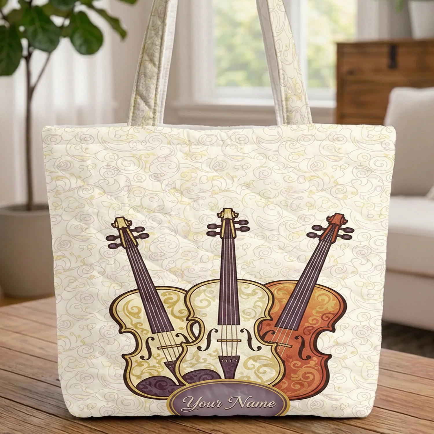 Ornate Violins Cellos Musical Group Swirling Lines - Music Lover Gift for Musician Quilted Tote Bag - 1