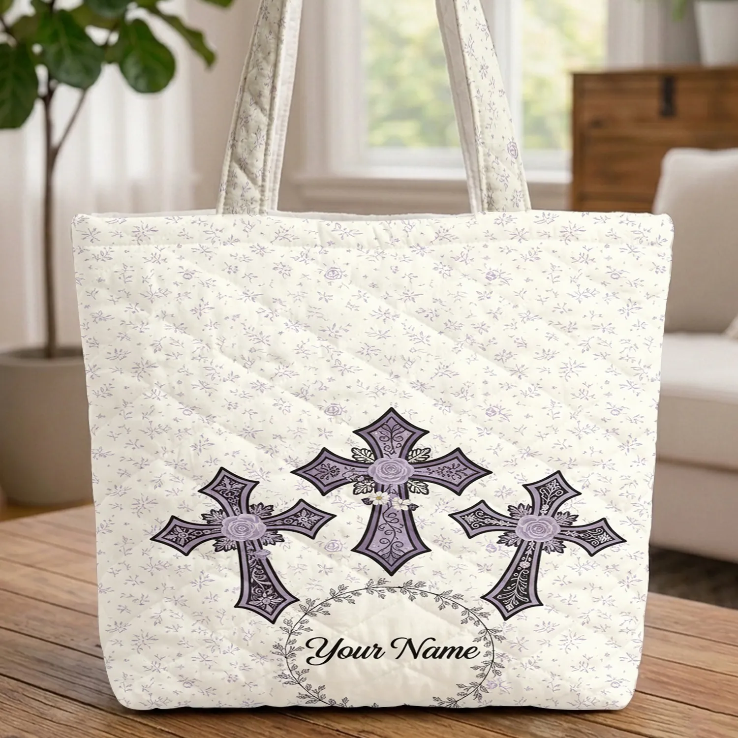Personalized Ornate Crosses Floral Wreath - Spiritual Living Everyday Gift Quilted Tote Bag - 1