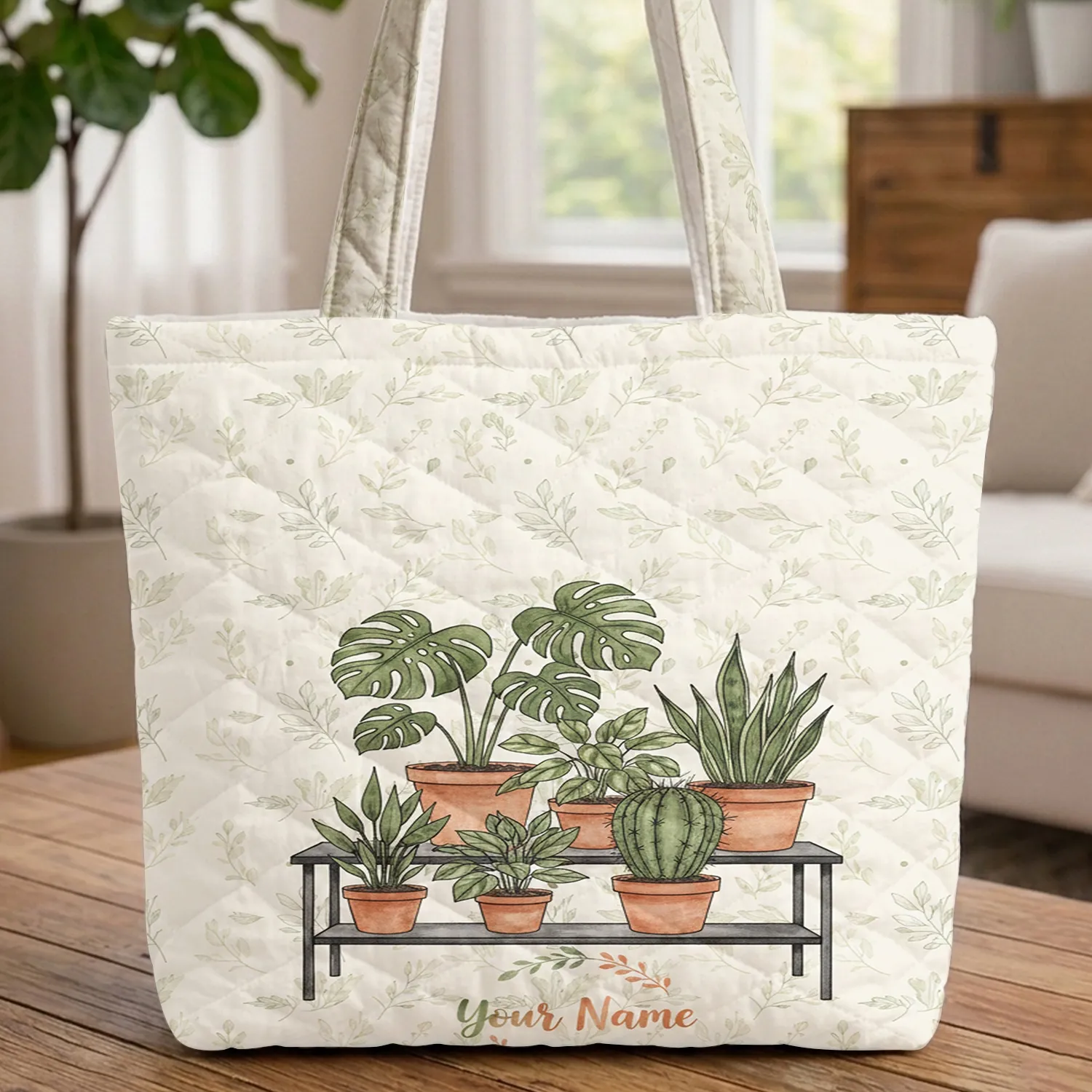 Potted Houseplants Botanical Wreath Personalized Name Everyday Tote - Plant Lover Gift Quilted Tote Bag - 1