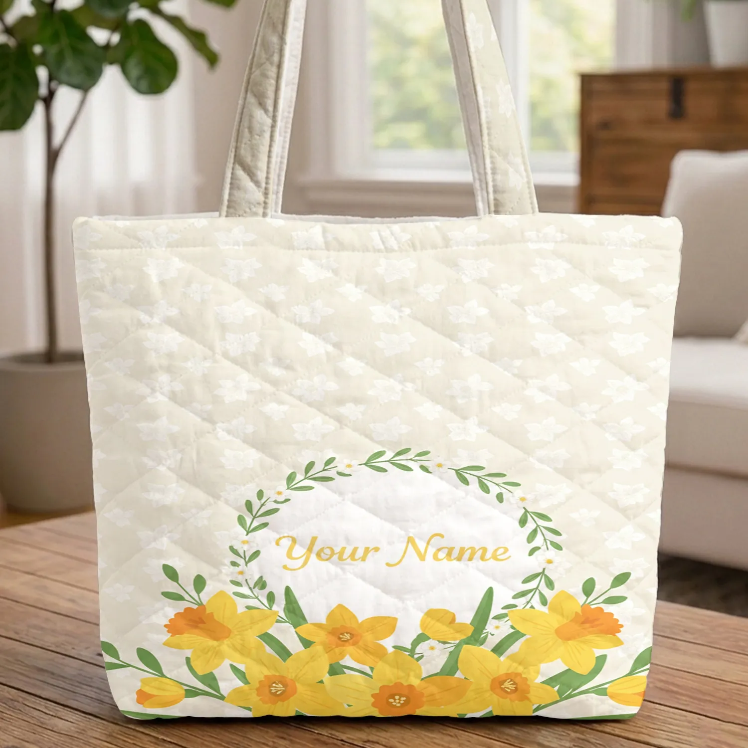 Yellow Orange Daffodil White Narcissus Floral Wreath - Spring Flower Nature Lover Gift Quilted Tote Bag - 1