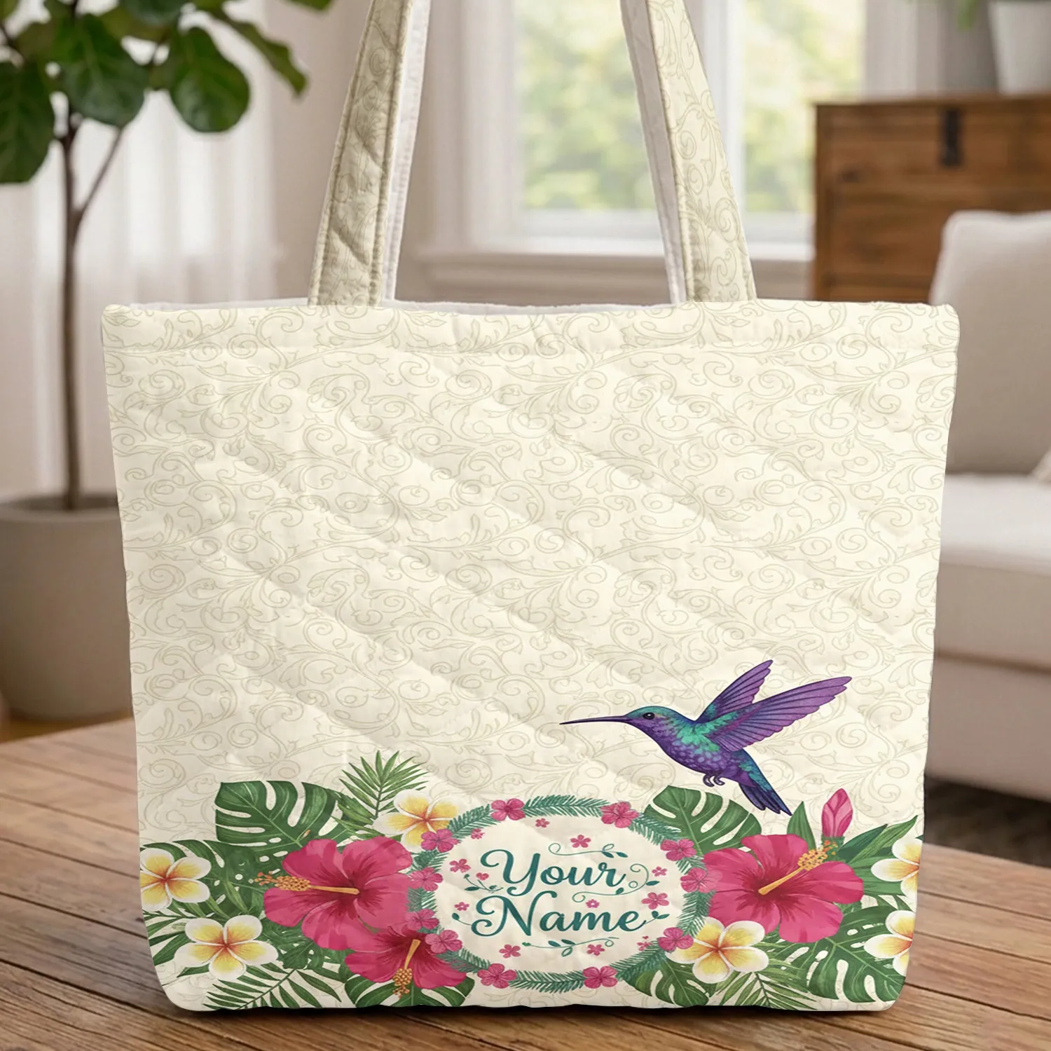 Hummingbird Tropical Hibiscus Plumeria Personalized Name - Everyday Tote Wildlife Lover Gift Quilted Tote Bag - 1