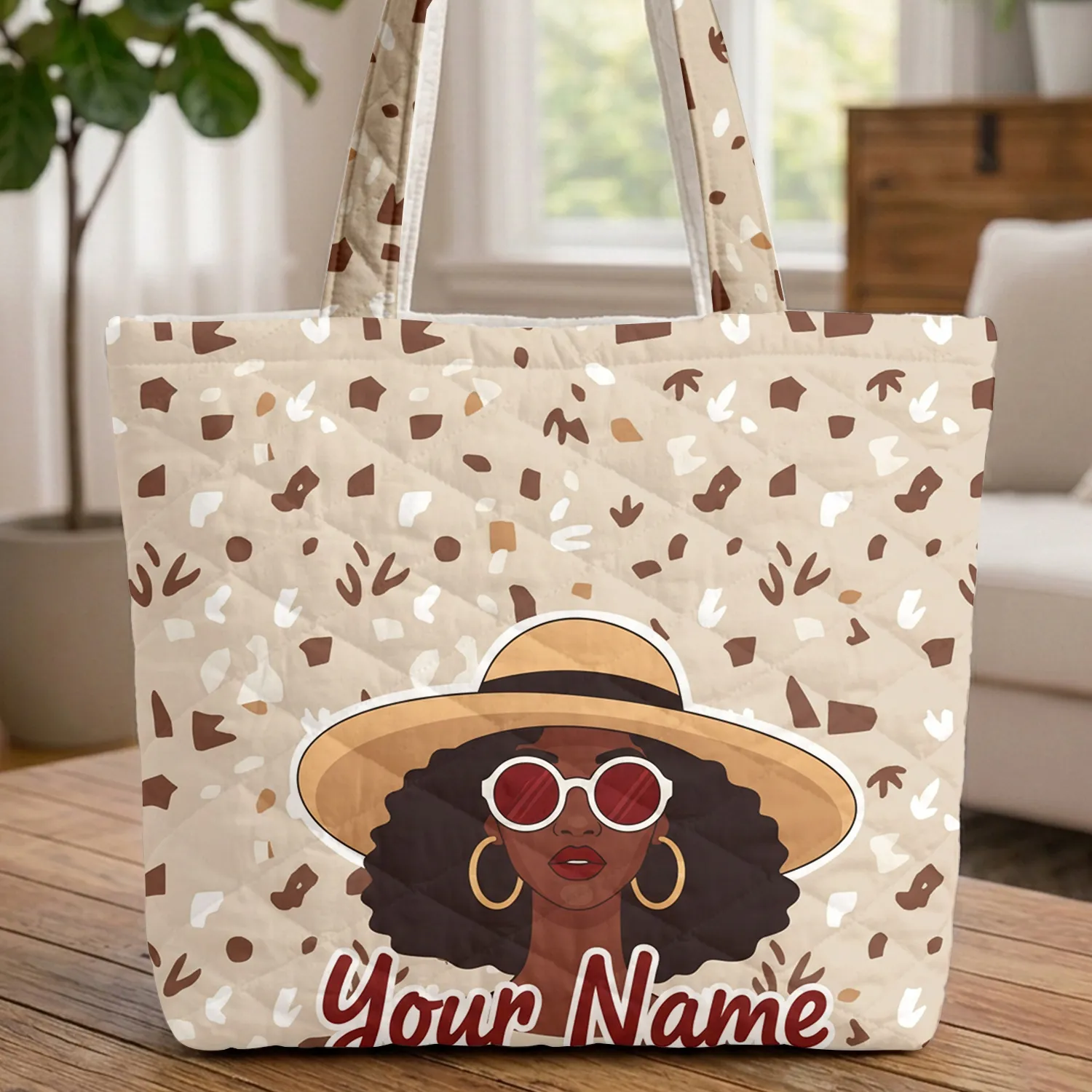 Stylish Woman Dark Skin Straw Hat Sunglasses Abstract Leaf Shapes - Everyday Carryall Gift Quilted Tote Bag - 1