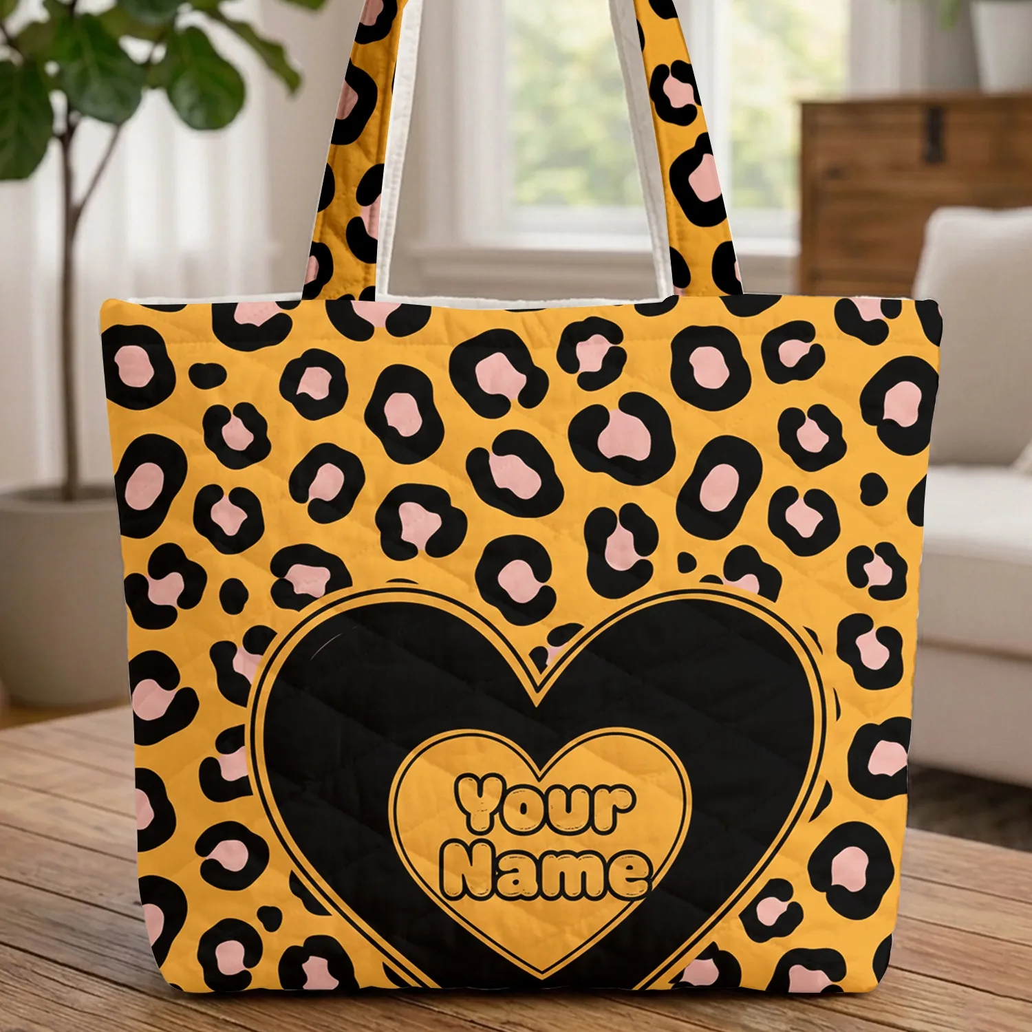 Distressed Personalized Black Heart Leopard Spots - Everyday Carry Gift Quilted Tote Bag - 1