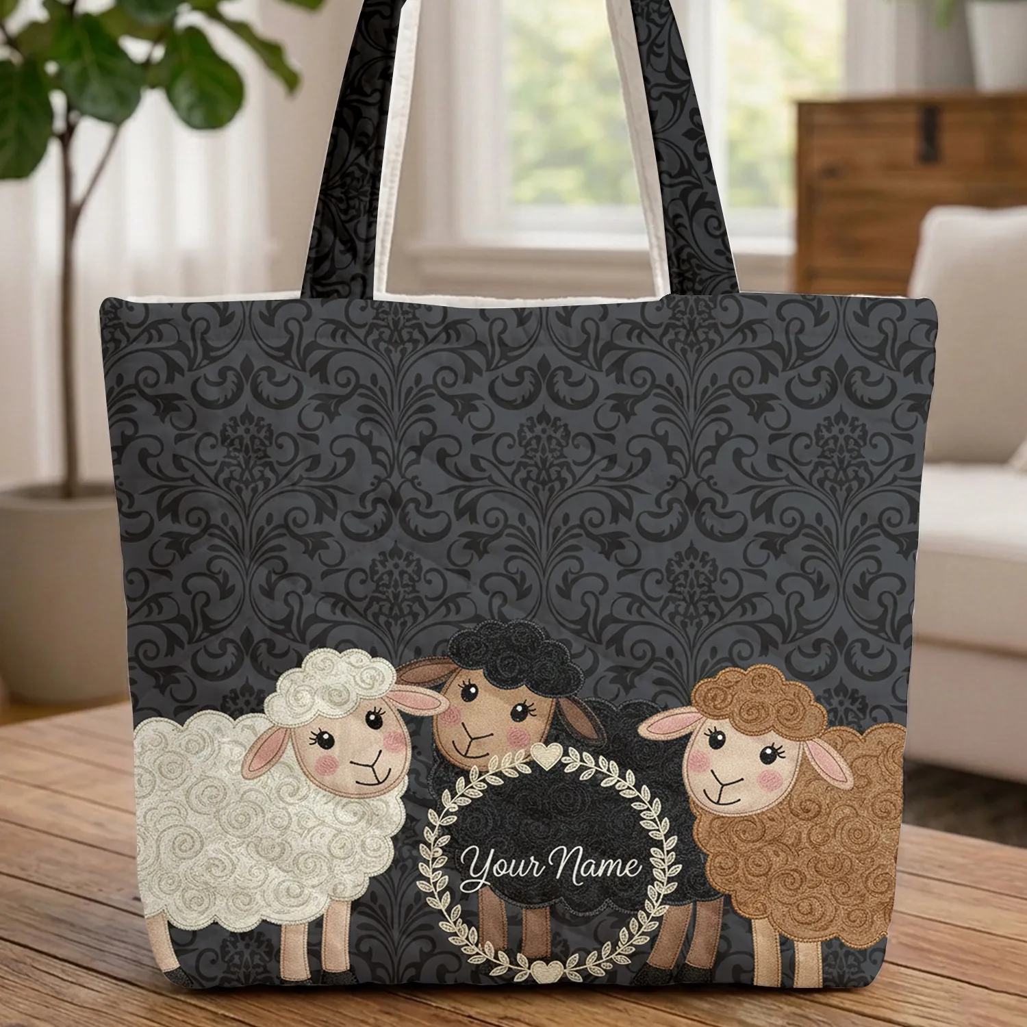 Three Sheep Floral Wreath Your Name - Everyday Tote Farm Animal Gift Quilted Tote Bag - 1