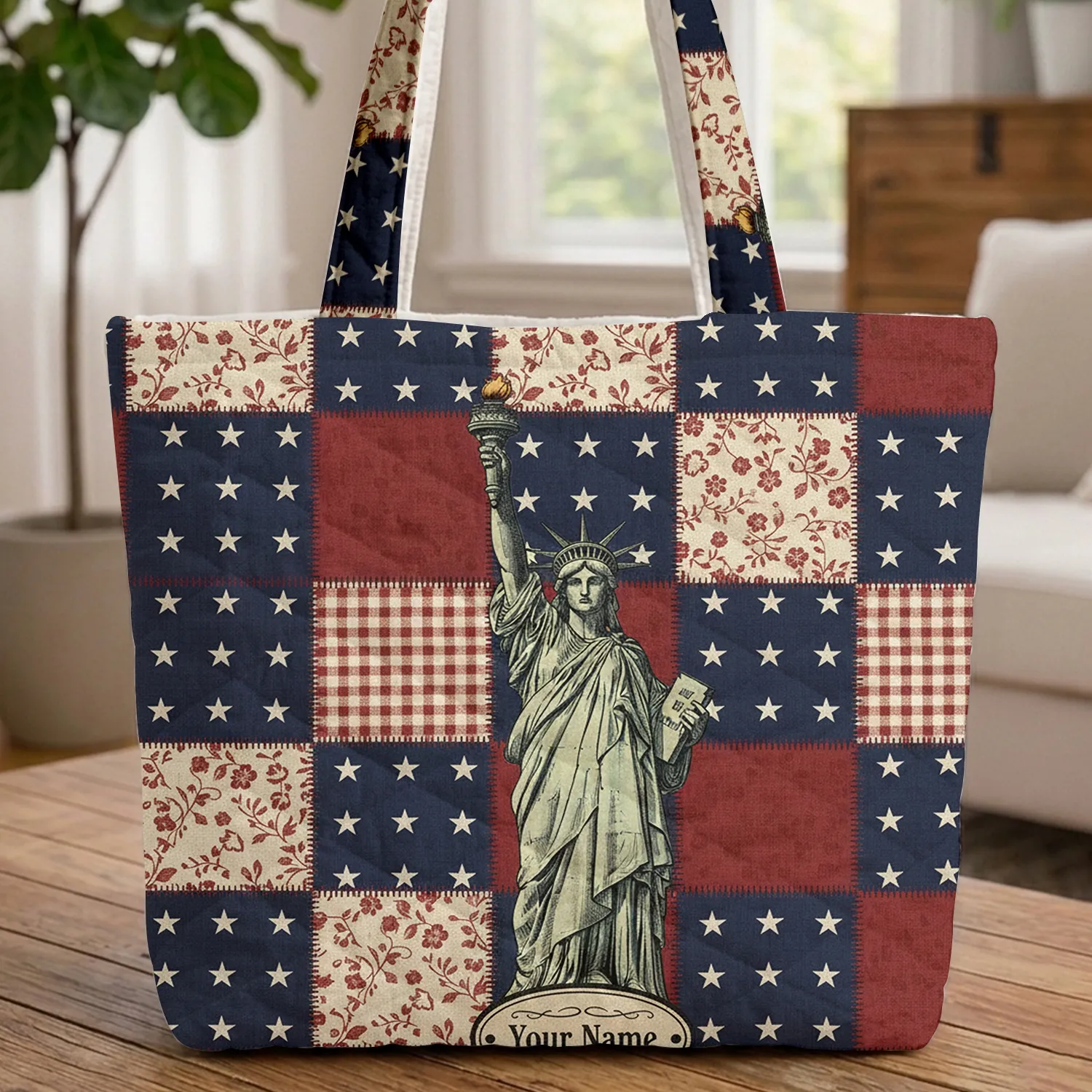 Vintage Statue of Liberty Patriotic Patchwork Personalized Independence Day Gift Quilted Tote Bag - 1