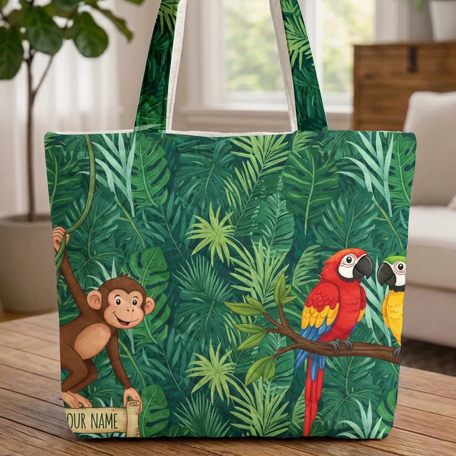 Personalized Monkey Parrots Jungle Leaves - Wildlife Lover Gift Quilted Tote Bag - 1