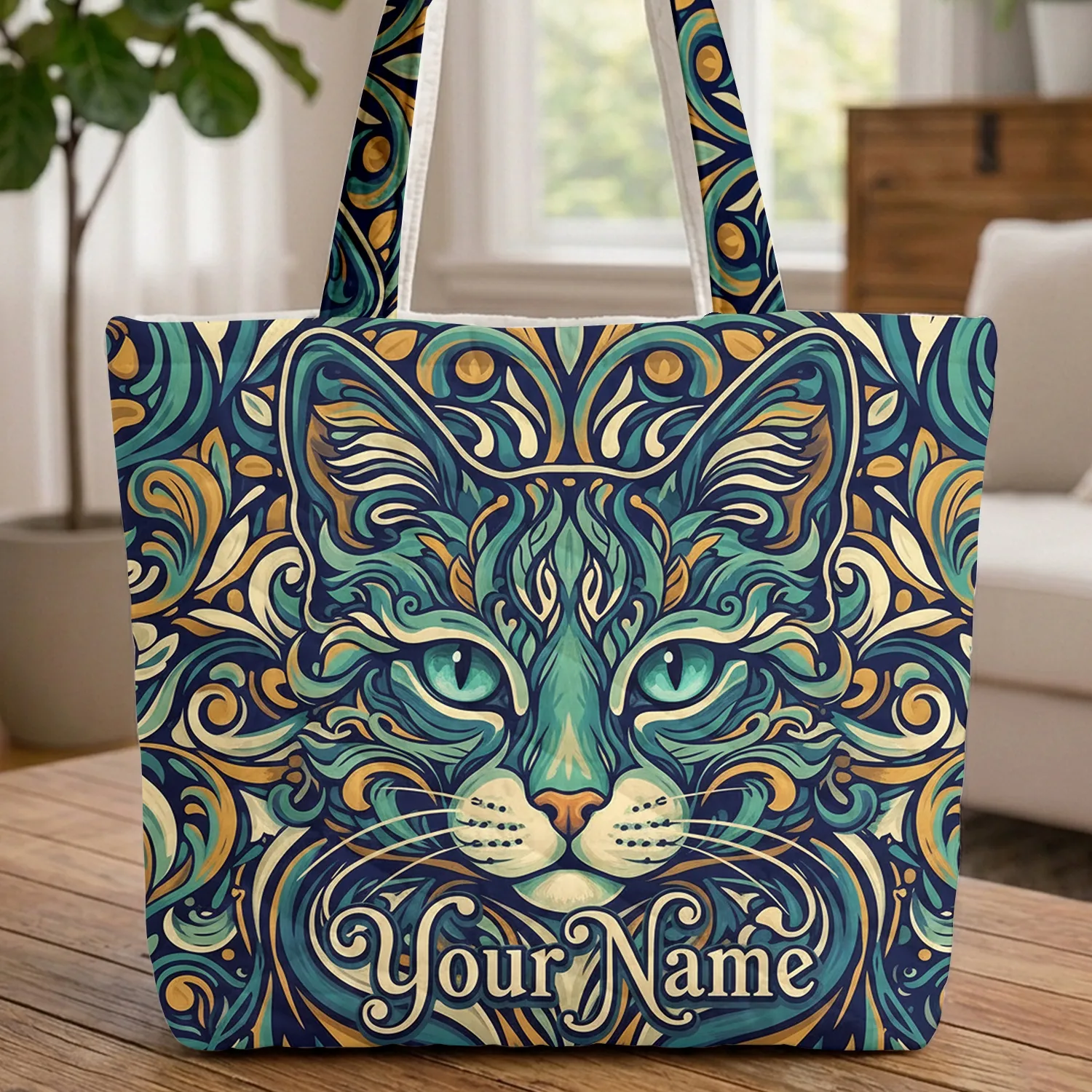 Majestic Cat Face Flowing Lines Aqua Eyes - Cat Lover Bag Gift Quilted Tote Bag - 1