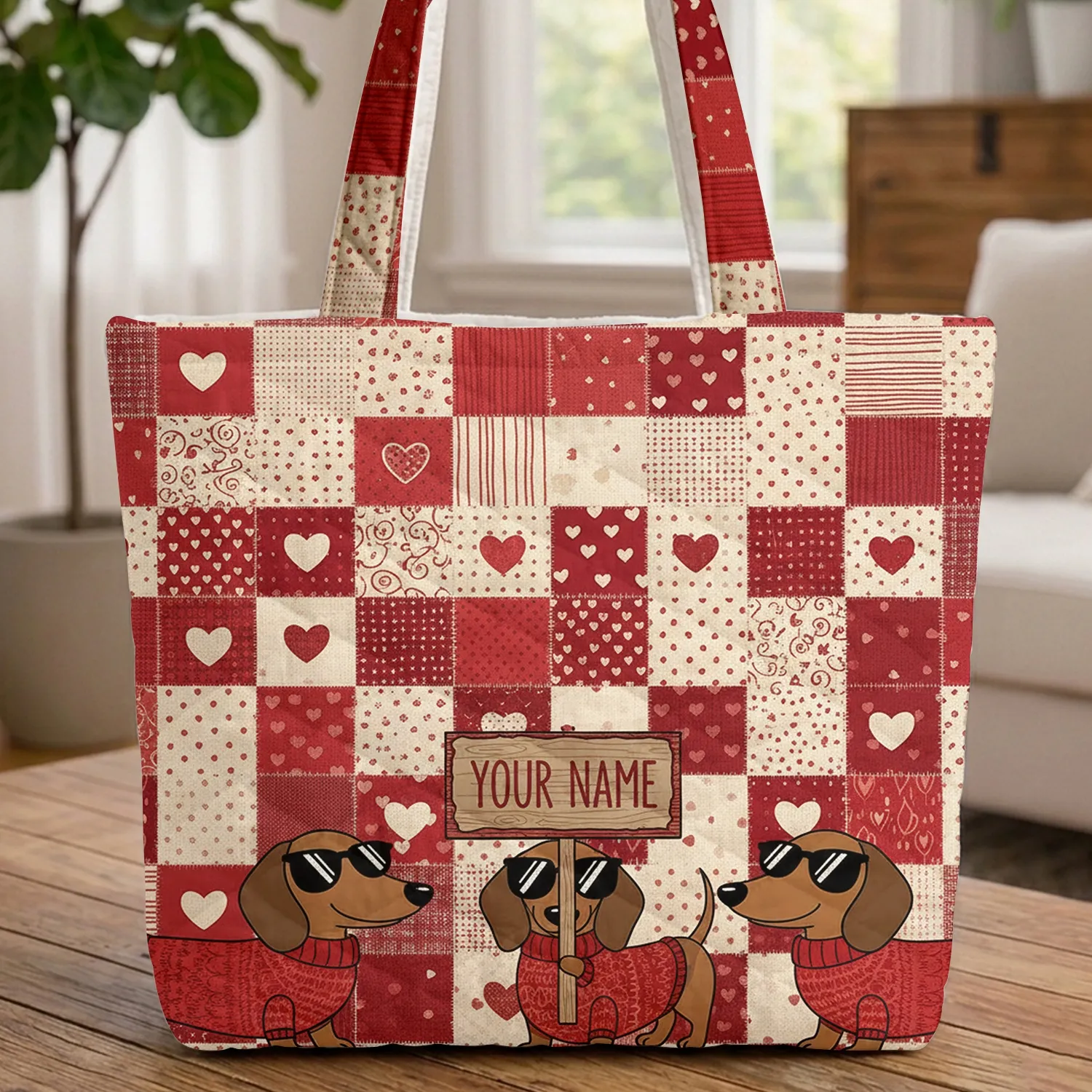 Dachshund Dogs Hearts Polka Dots Red Sweater Sunglasses Name Sign - Dog Lover Gift Quilted Tote Bag - 1