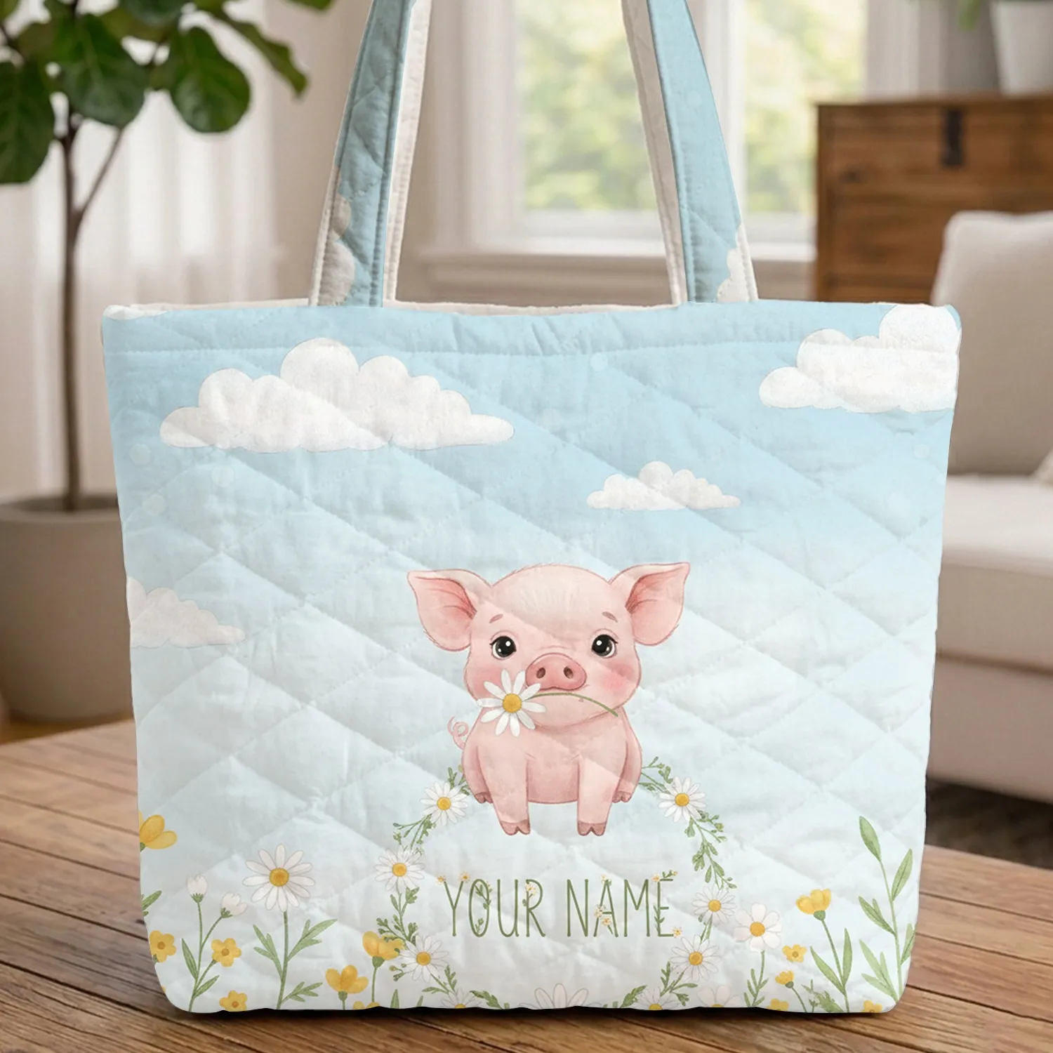 Baby Piglet Daisy Wildflower Meadow Sky Clouds - Everyday Gift for Pig Lovers Quilted Tote Bag - 1