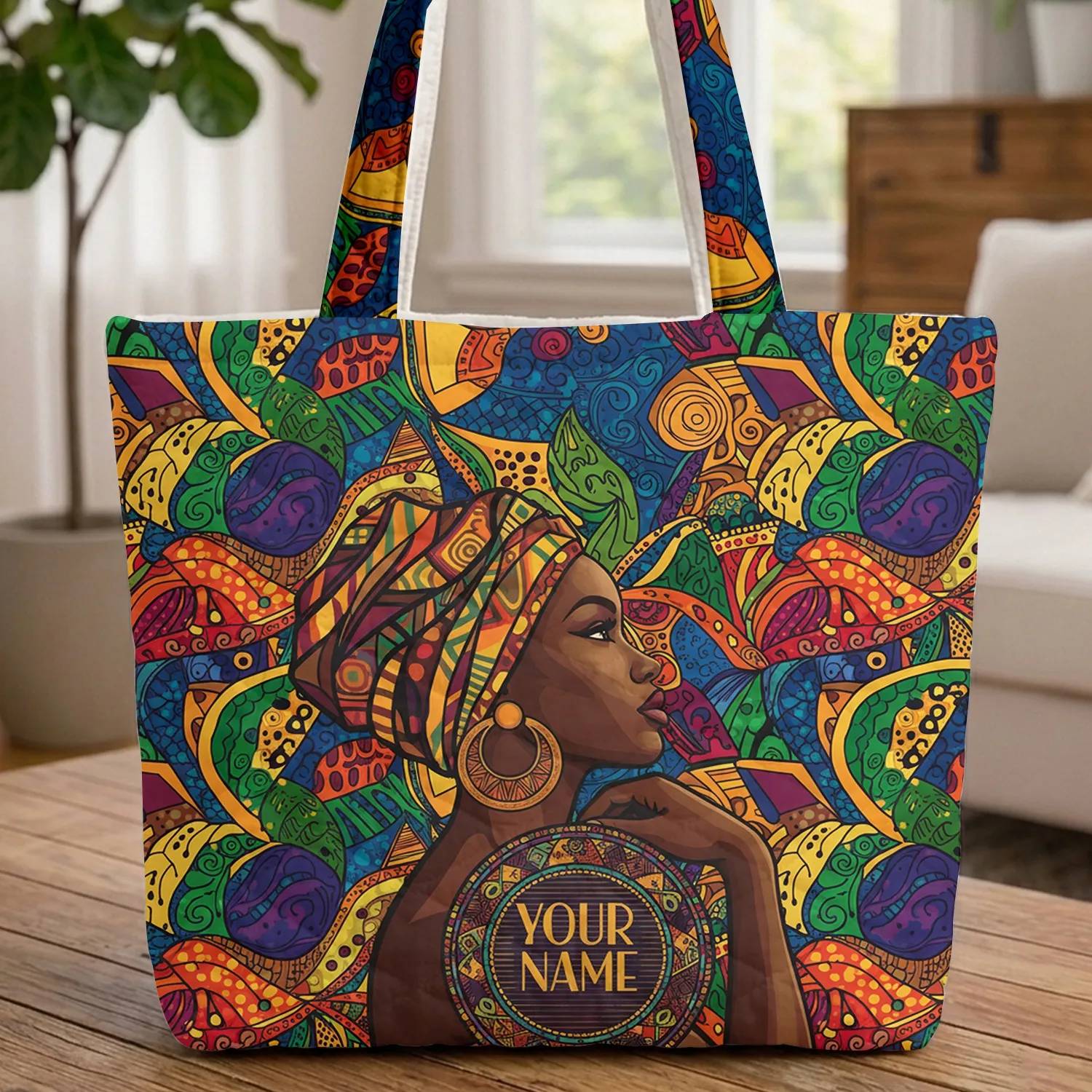 Profile Woman African Headwrap Circular Earrings Patchwork - Everyday Carry Gift Quilted Tote Bag - 1