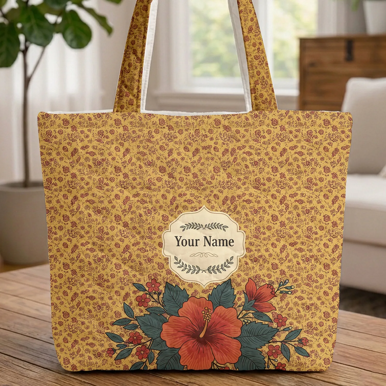 Paisley Floral Hibiscus Botanical Wreath - Personalized Boho Lifestyle Gift Quilted Tote Bag - 1