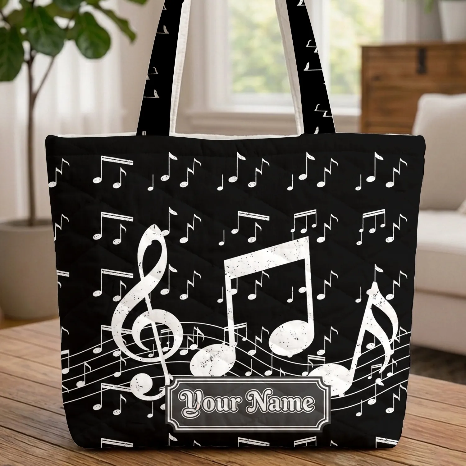 Black White Scattered Musical Notes Treble Clef Staff Lines - Music Lover Gift for Musician Quilted Tote Bag - 1