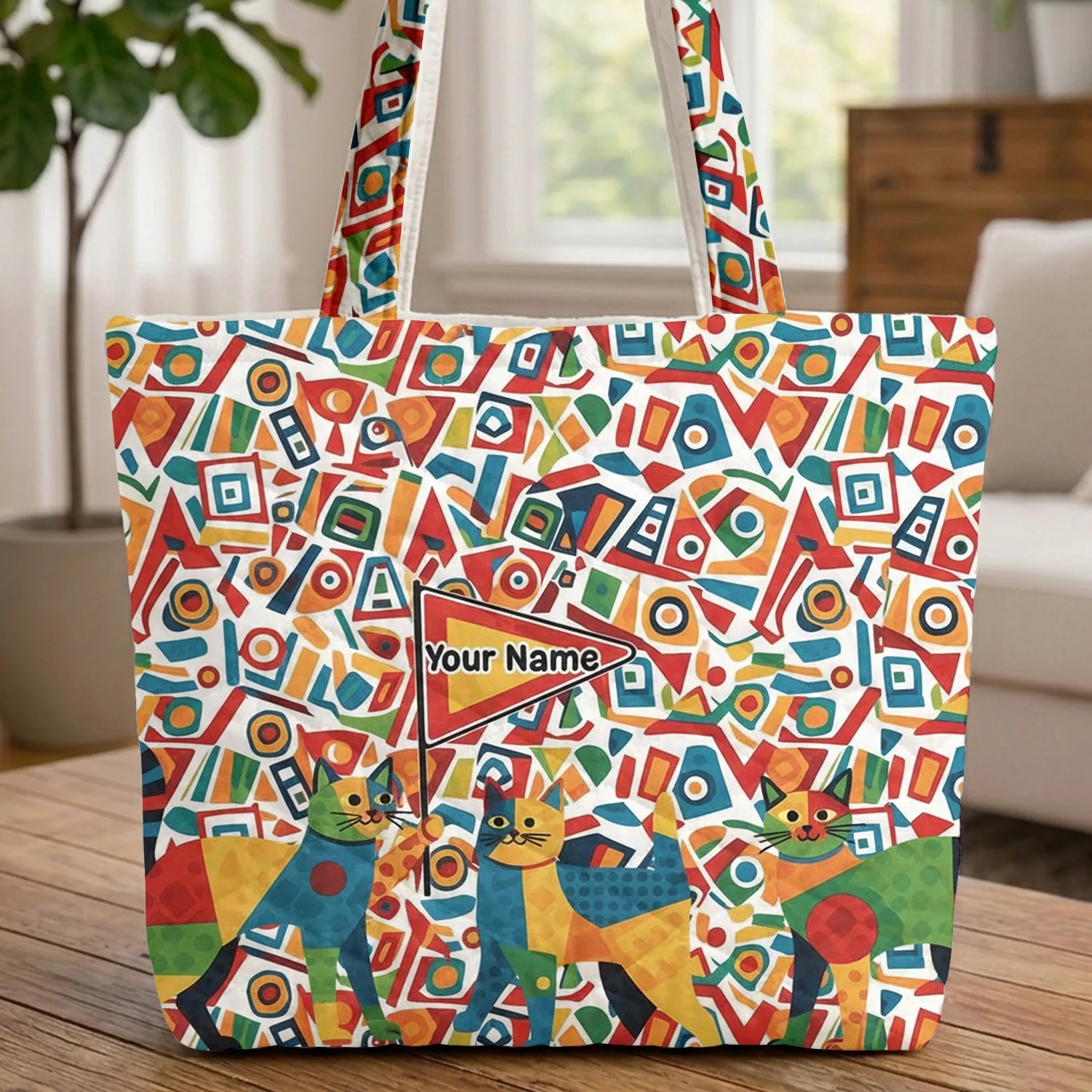 Geometric Cats Playing Triangle Flag Your Name - Everyday Tote Cat Lover Gift Quilted Tote Bag - 1
