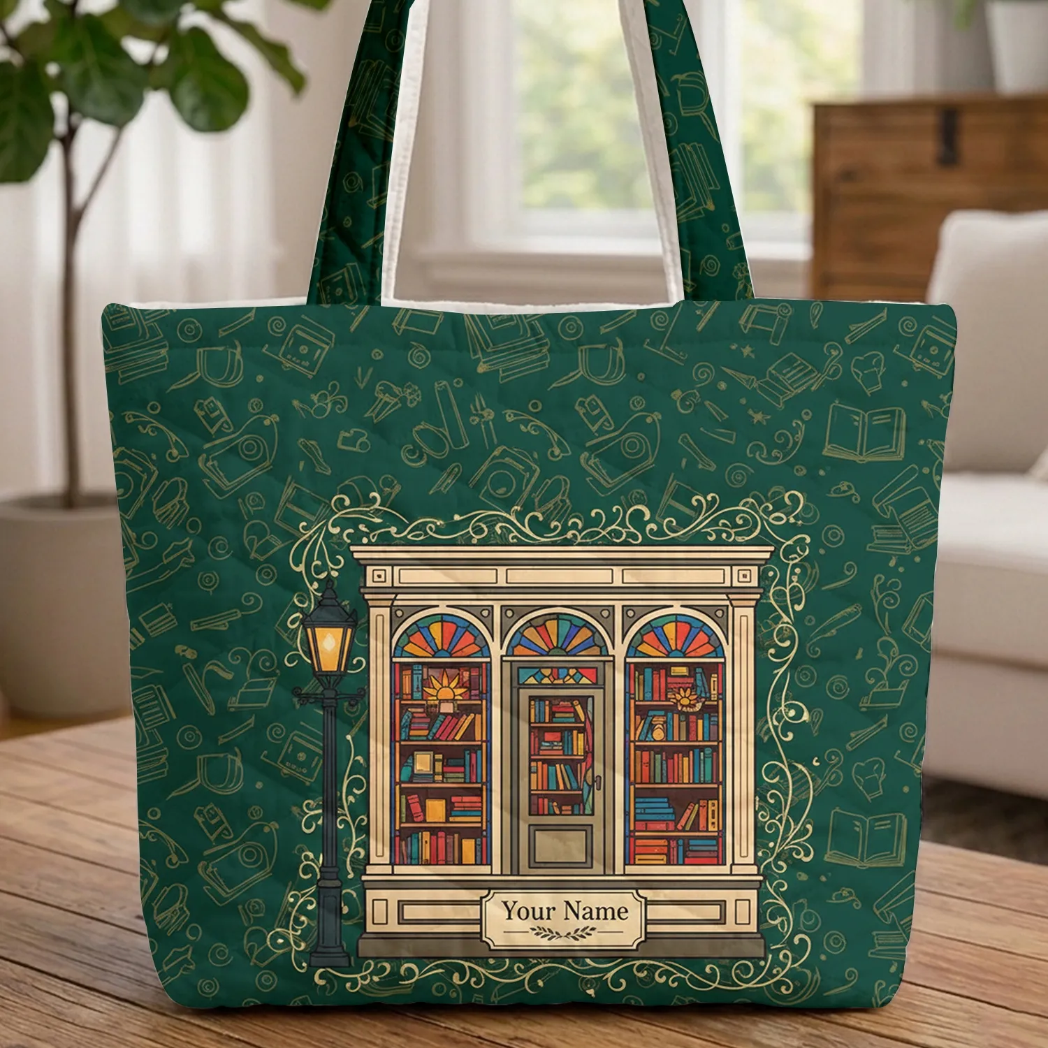 Ornate Bookstore Facade Gold Literary Motifs Personalized Name - Bag Gift for Book Lover Quilted Tote Bag - 1