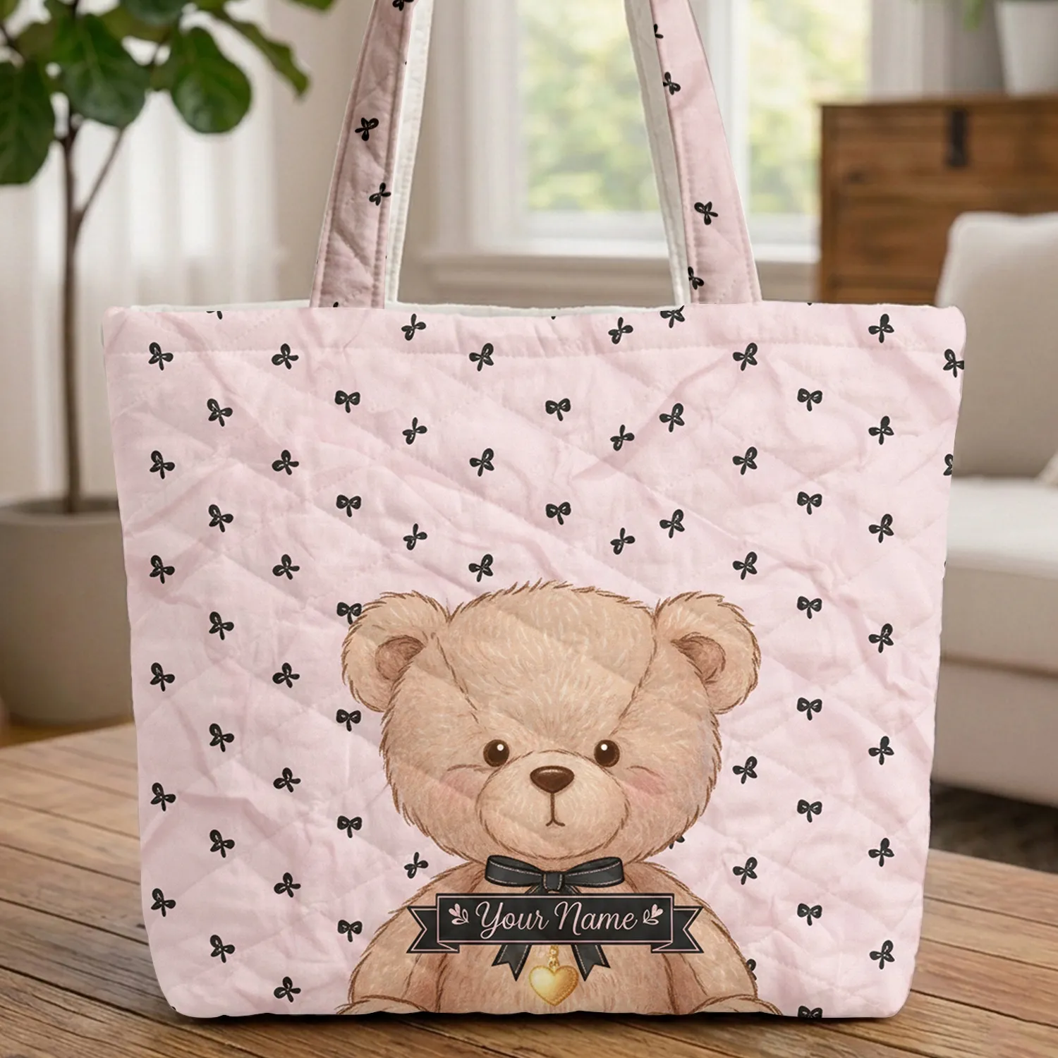 Teddy Bear Golden Heart Black Bows Name Personalization - Kids Birthday Gift for Girls Quilted Tote Bag - 1