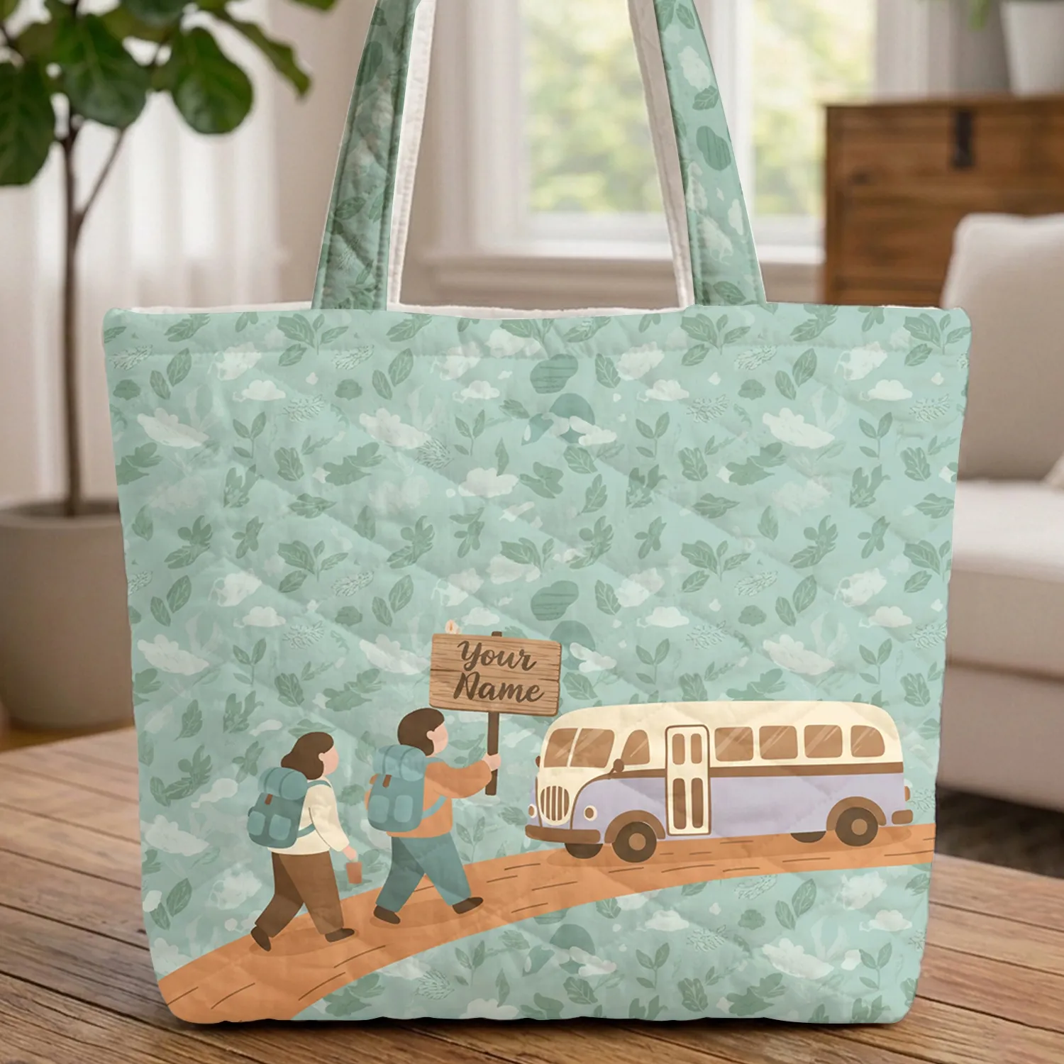 Backpack Travelers Vintage Bus Winding Path - Adventure Lover Gift Quilted Tote Bag - 1