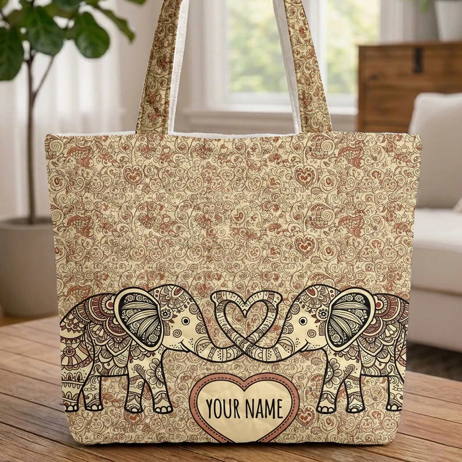 Elephant Heart Trunks Swirling Vines - Boho Lifestyle Home Decor Gift for Elephant Lover Quilted Tote Bag - 1