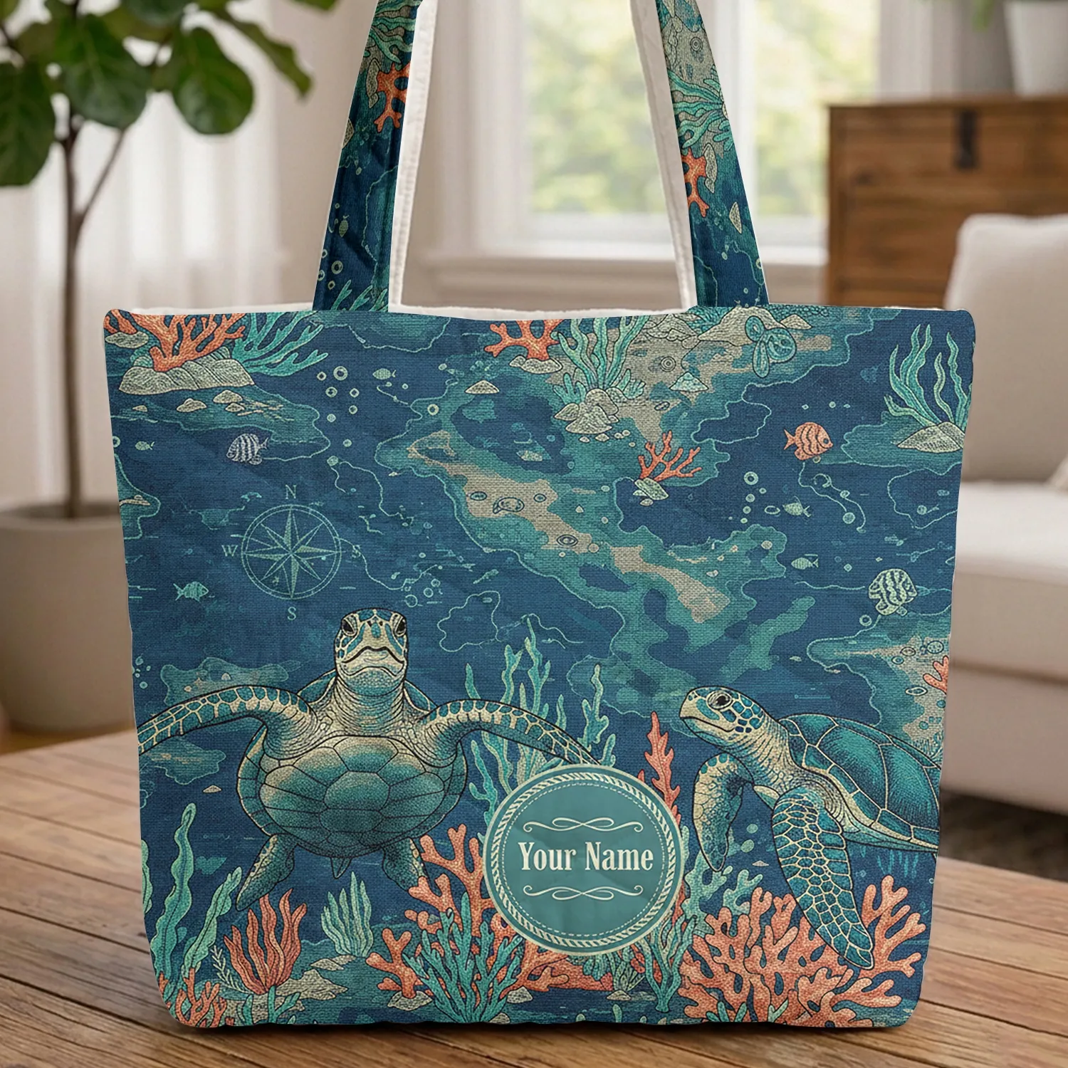 Sea Turtles Ocean Map Personalized Name - Ocean Lover Travel Gift Quilted Tote Bag - 1