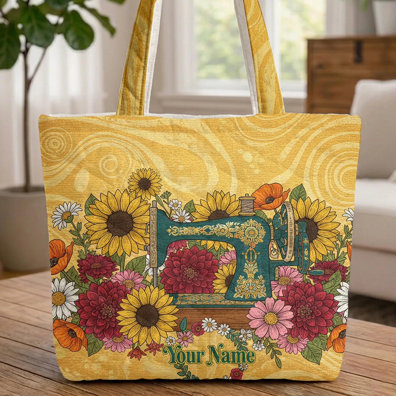 Vintage Sewing Machine Sunflower Dahlia Poppies Floral Garden - Sewing Lover Gift Quilted Tote Bag - 1