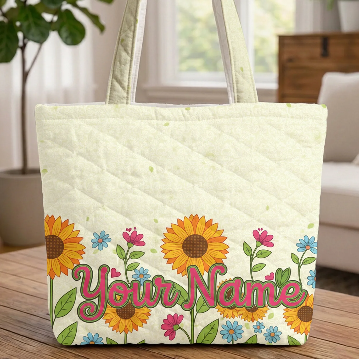 Sunflowers Green Leaves Heart Accents Your Name - Everyday Personalized Gift Quilted Tote Bag - 1