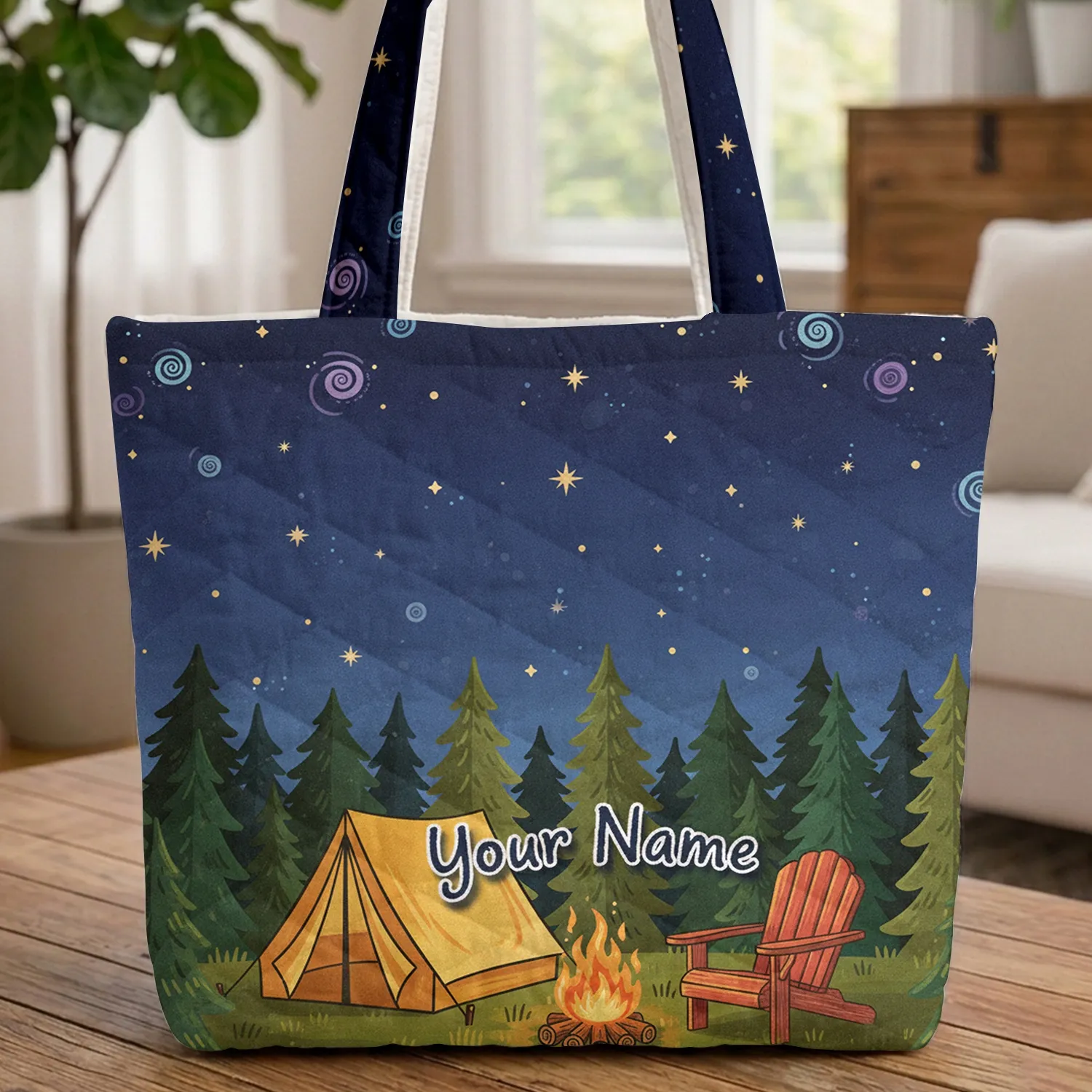 Personalized Campsite Starry Night Tent Campfire - Outdoor Adventure Gift Quilted Tote Bag - 1