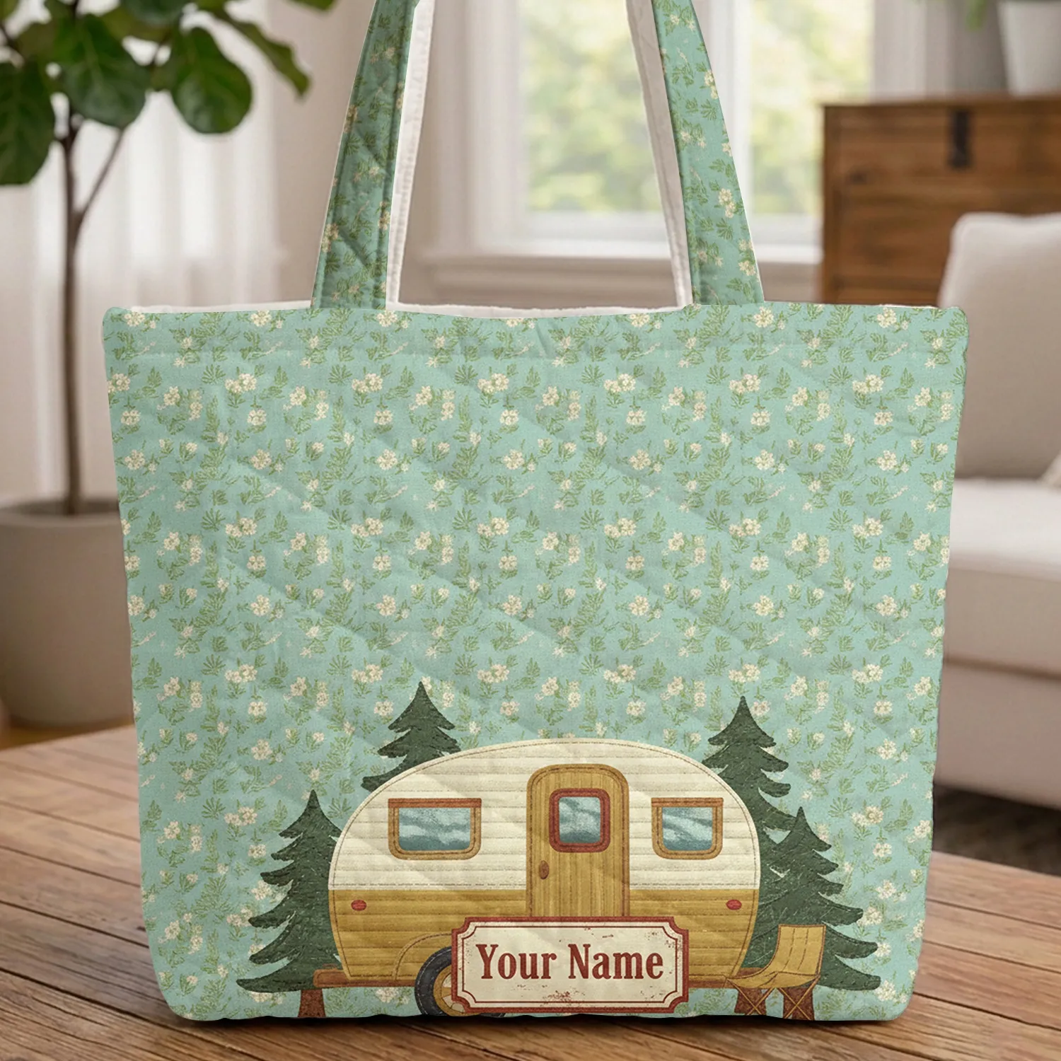 Vintage Camper Trailer Pine Tree Camping Chair - Camping Road Trip Adventure Gift Quilted Tote Bag - 1