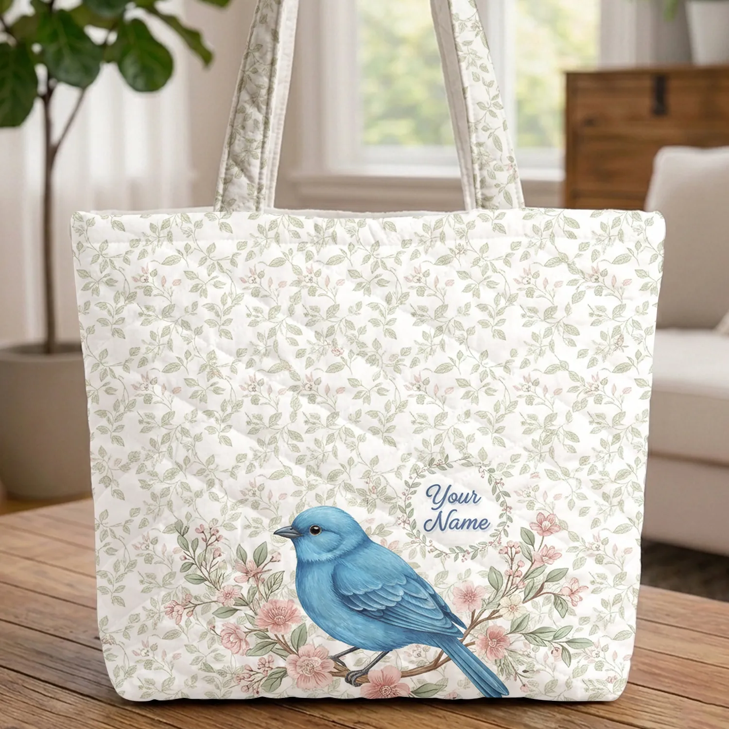 Blue Bird Floral Branches Personalized Name Wildlife Lover Gift Quilted Tote Bag - 1