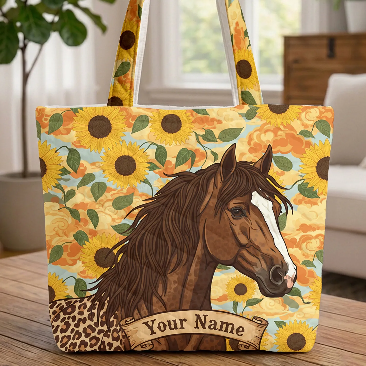 Western Horse Head Leopard Print Sunflower - Horse Lover Gift Quilted Tote Bag - 1