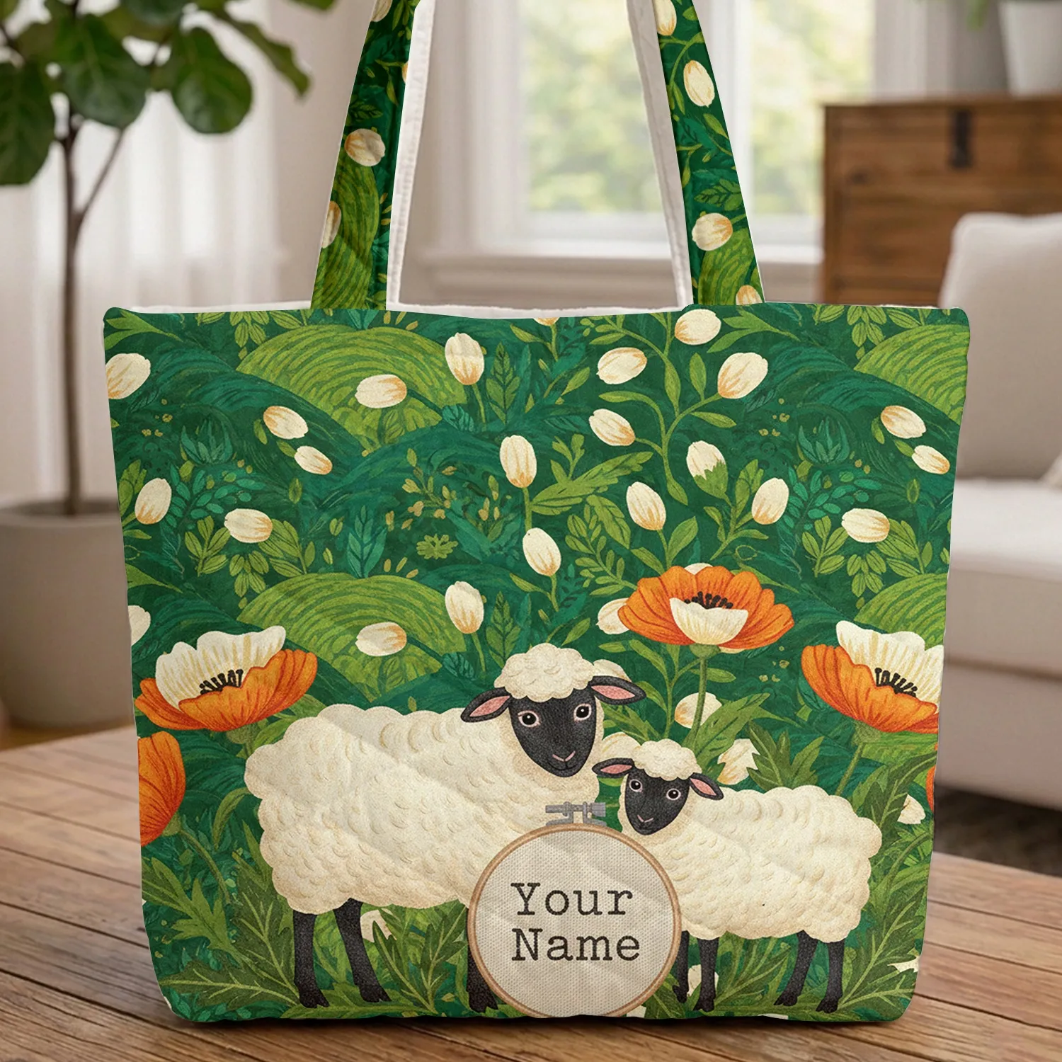 Sheep Pastoral Landscape Poppy Flowers - Farmhouse Decor Sheep Lover Gift Quilted Tote Bag - 1