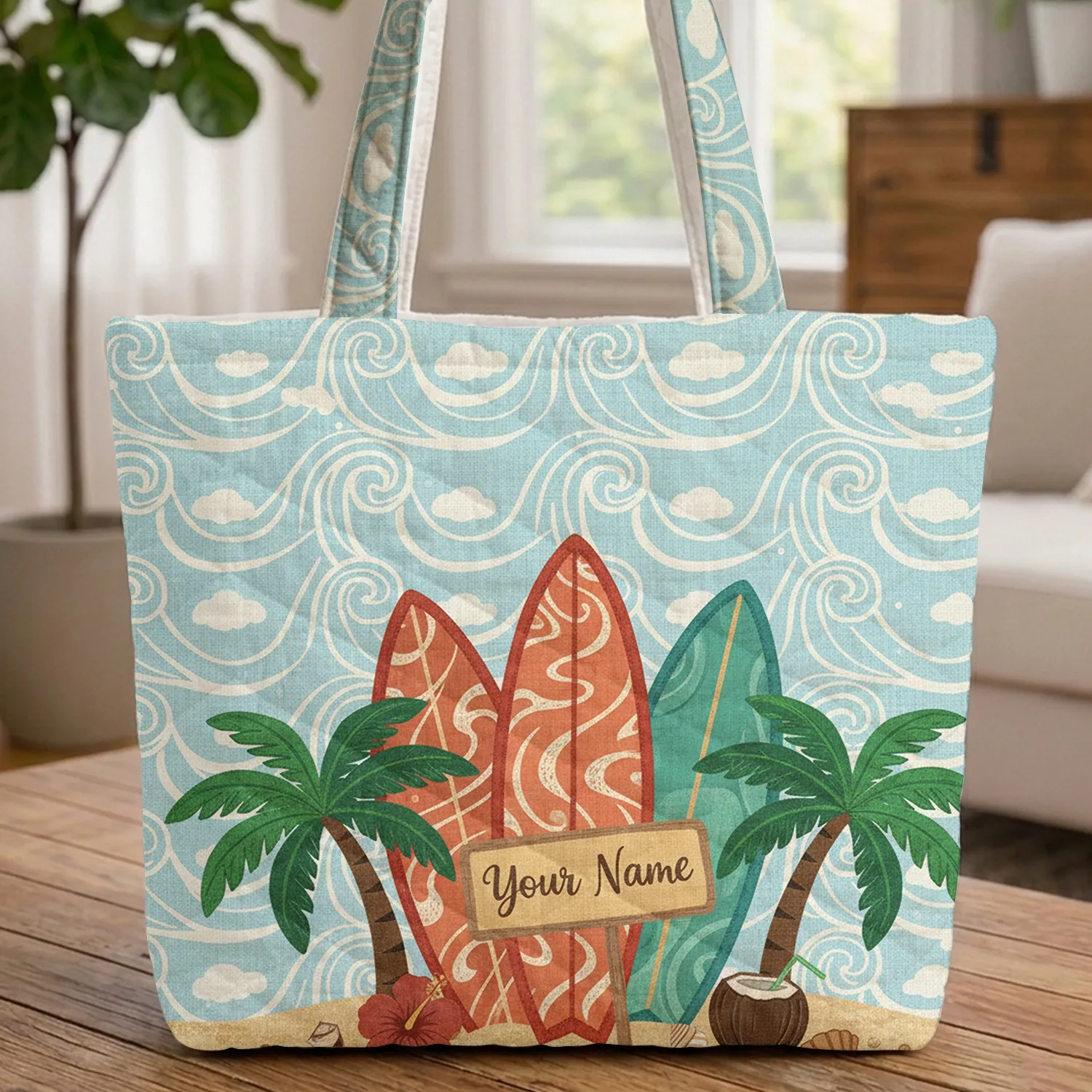 Surfboards Palm Trees Beach Hibiscus Seashells - Coastal Summer Travel Gift Quilted Tote Bag - 1
