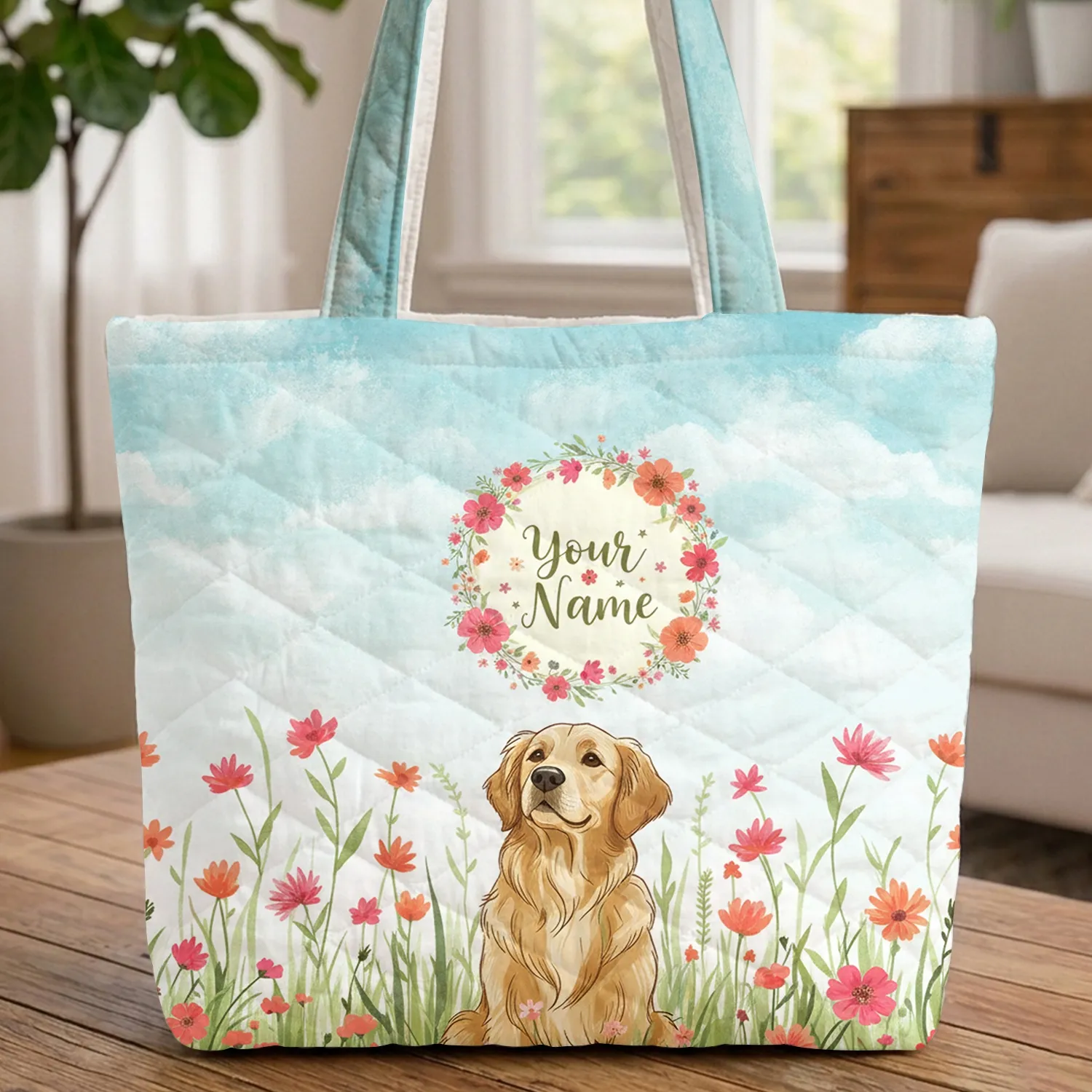 Golden Retriever Wildflower Clouds - Dog Lover Everyday Tote Quilted Tote Bag - 1