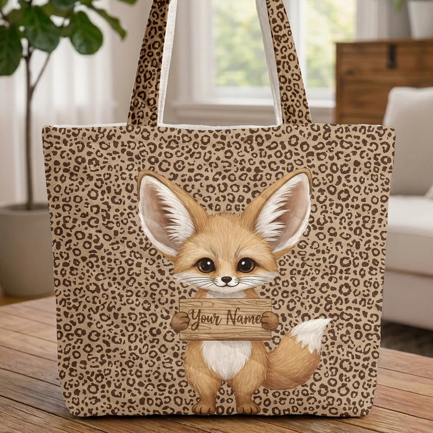 Fennec Fox Wooden Sign Leopard Spots Wildlife Lover Bag Gift for Animal Fan Quilted Tote Bag - 1