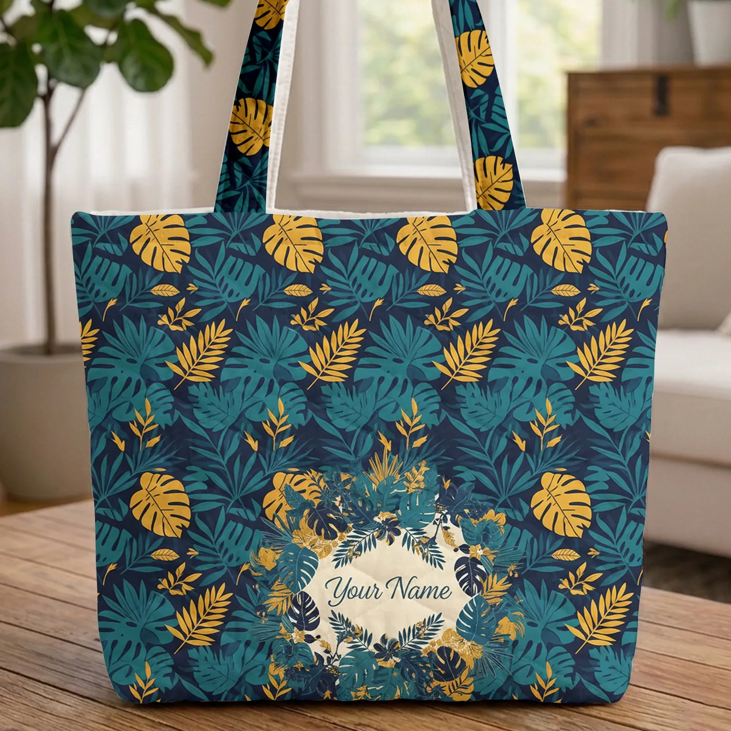 Personalized Tropical Botanical Floral Medallion - Nature Lover Gift for Her Quilted Tote Bag - 1