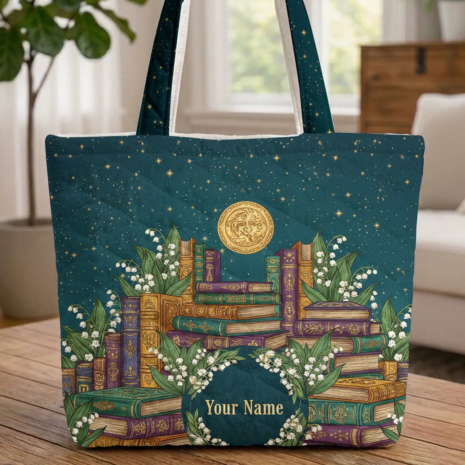 Personalized Vintage Books Lily-of-the-Valley Moon Night Sky - Book Lover Gift Quilted Tote Bag - 1