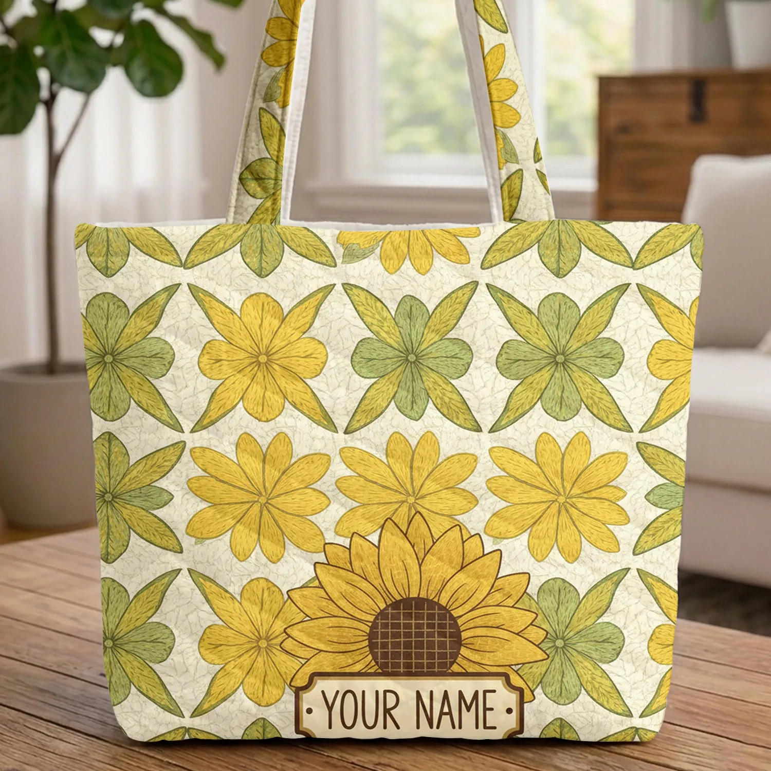 Granny Square Sunflower Floral Leaf Vintage Enamel Plaque Everyday Tote Quilted Tote Bag - 1