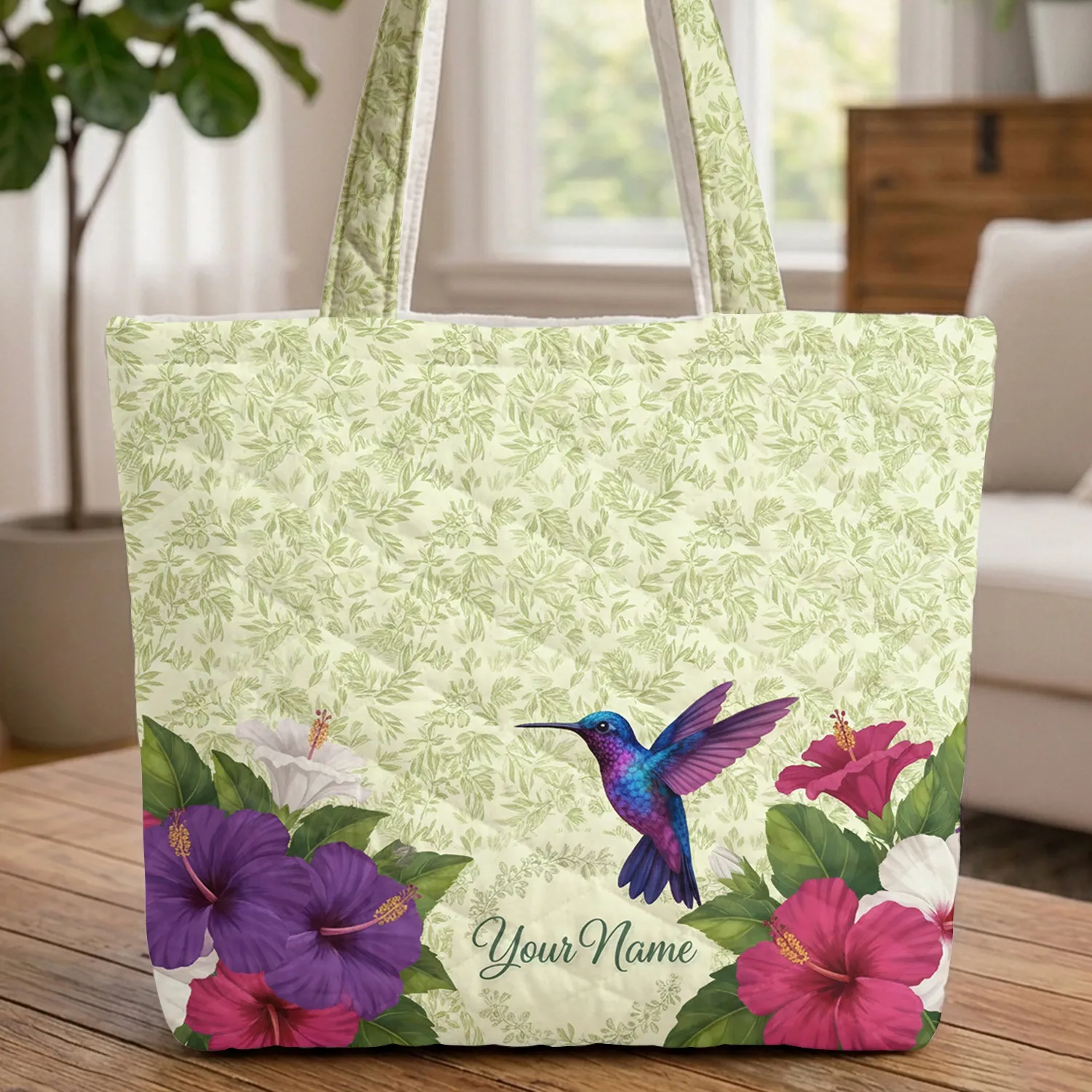 Hummingbird Hibiscus Tropical Leaves Name Wreath - Nature Lover Gift Quilted Tote Bag - 1