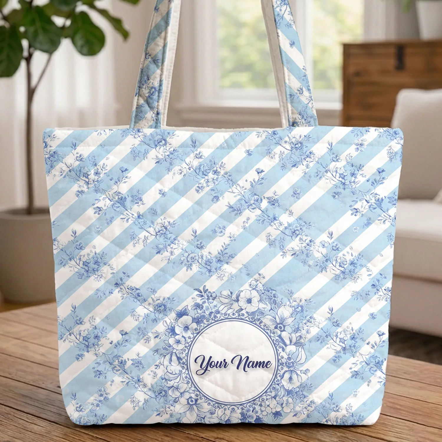 Watercolor Blue White Botanical Floral Wreath Personalized Name - Everyday Carry Quilted Tote Bag - 1