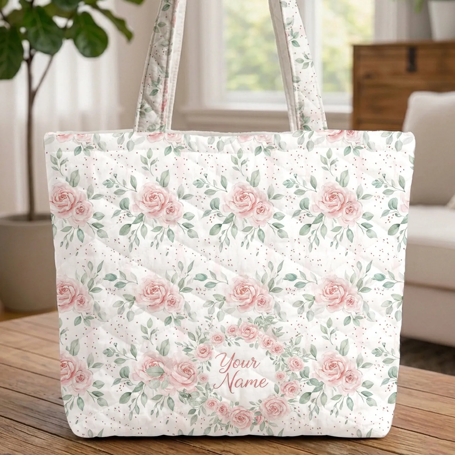 Blush Rose Peony Eucalyptus Berry Botanical Your Name Wreath - Everyday Carryall Quilted Tote Bag - 1