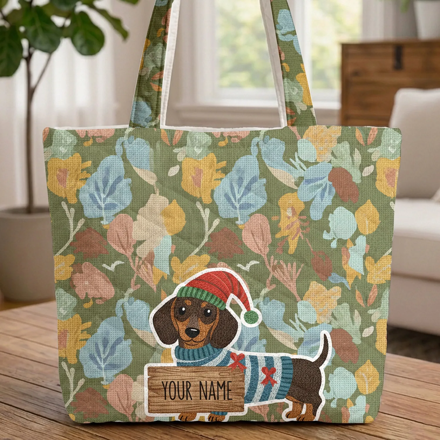 Personalized Dachshund Dog Festive Hat Sign - Holiday Gift for Dog Lover Quilted Tote Bag - 1