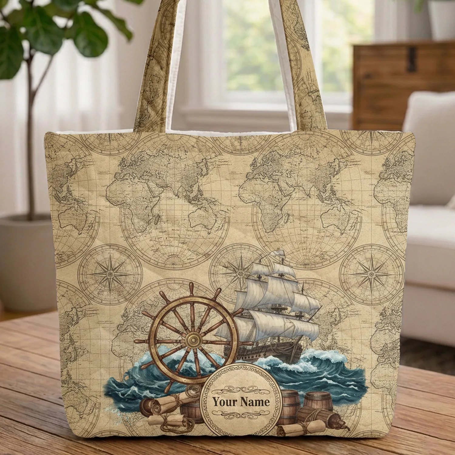 Vintage World Map Tall Ship Steering Wheel - Explorer Gift Quilted Tote Bag - 1