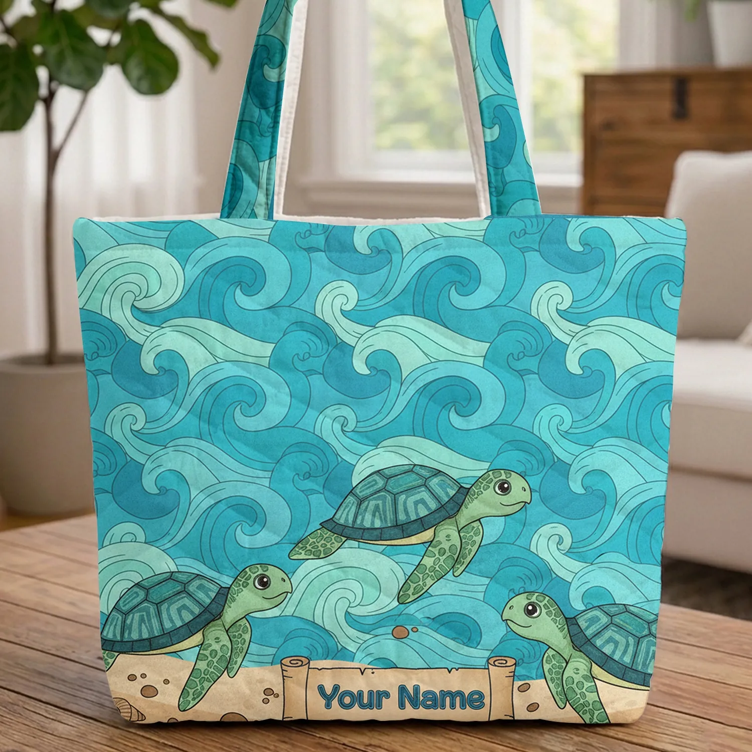 Ocean Waves Three Sea Turtles Sandy Seabed - Marine Life Gift for Kids Quilted Tote Bag - 1