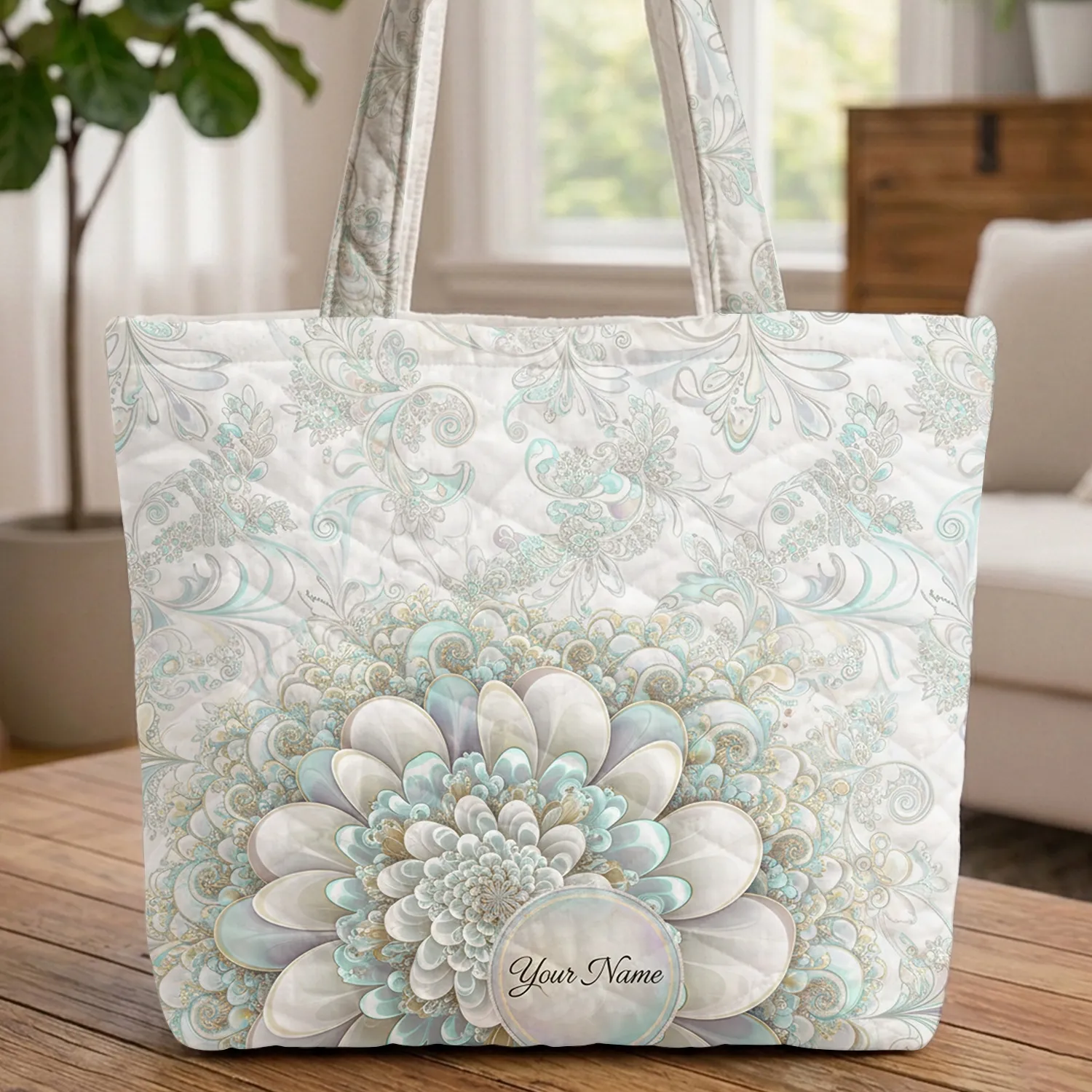 Iridescent Fractal Flower Name Medallion - Everyday Style Gift for Her Quilted Tote Bag - 1