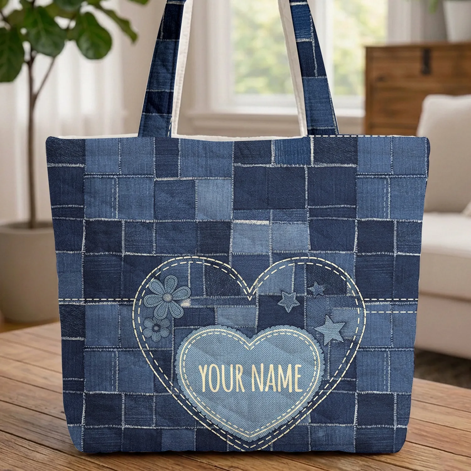 Denim Patchwork Name Heart Applique - Homespun Textile Craft Gift Quilted Tote Bag - 1