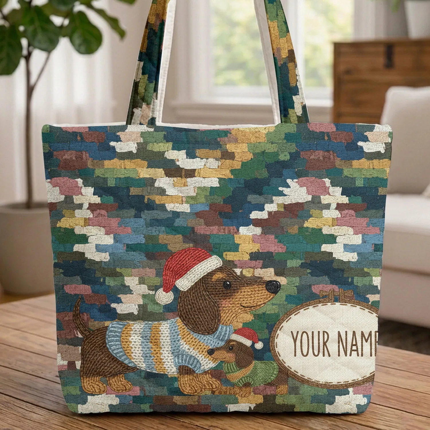 Knitted Dachshund Dog Red Hat Striped Sweater - Dog Lover Everyday Carry Quilted Tote Bag - 1