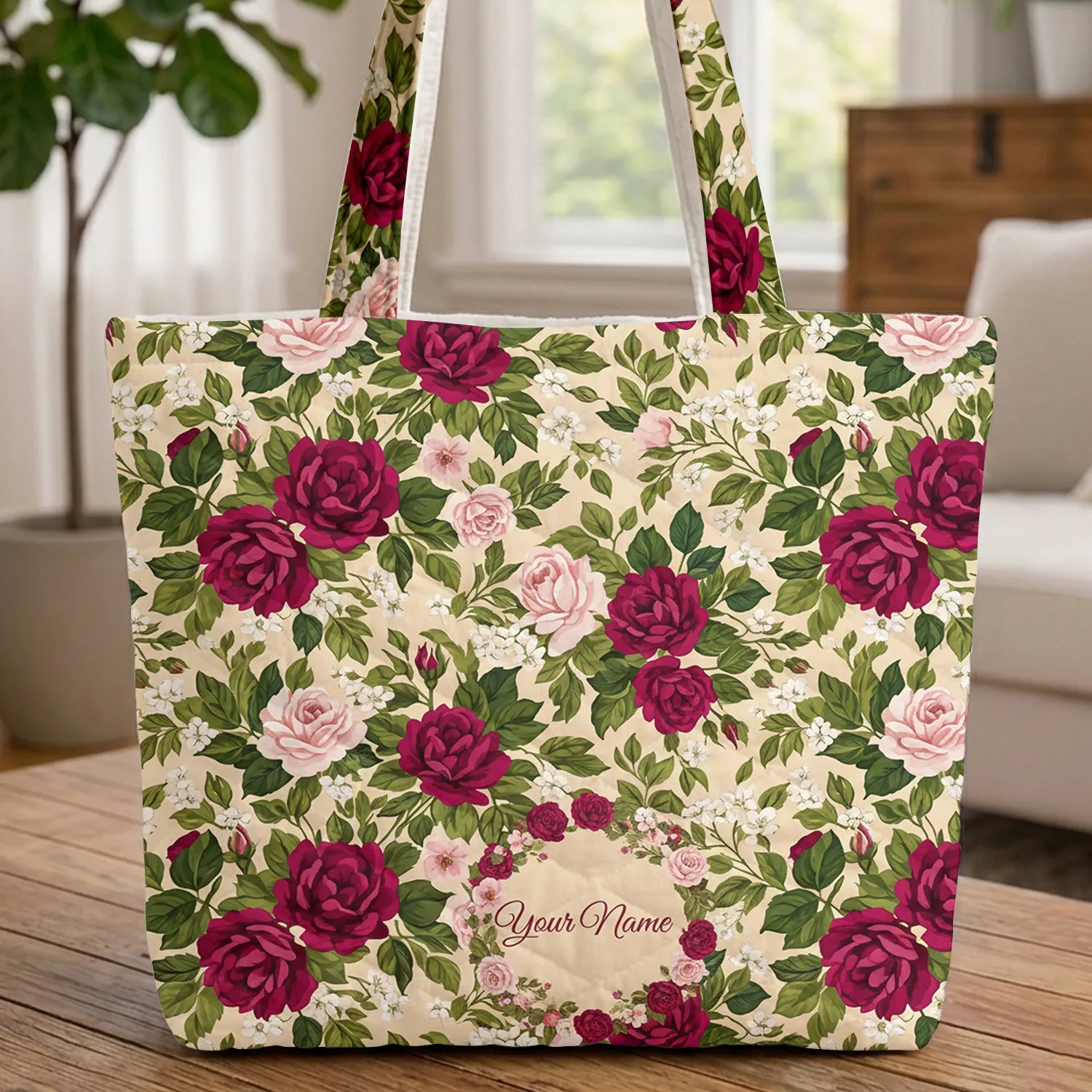 Blooming Roses Floral Wreath Garden Scene Personalized Name - Everyday Tote Gift Quilted Tote Bag - 1