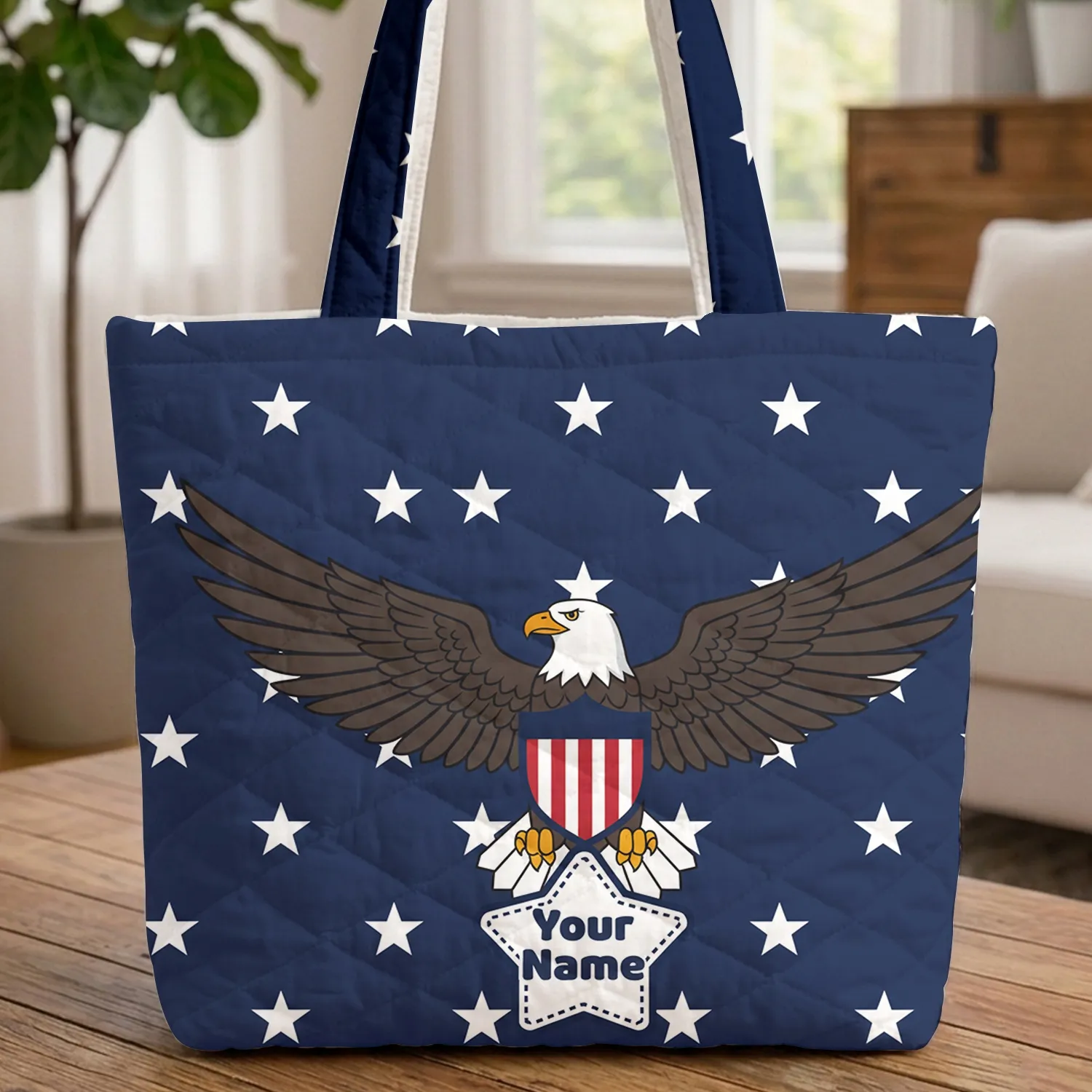 Bald Eagle American Flag Stars - Independence Day Patriotic Gift Quilted Tote Bag - 1