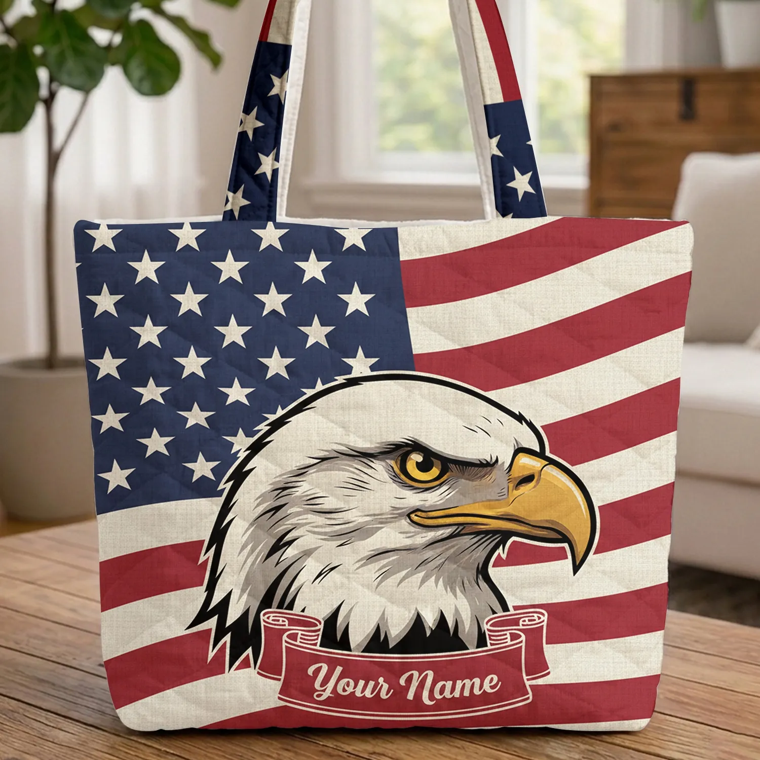 Powerful Bald Eagle American Flag Stars Stripes Independence Day Gift Quilted Tote Bag - 1