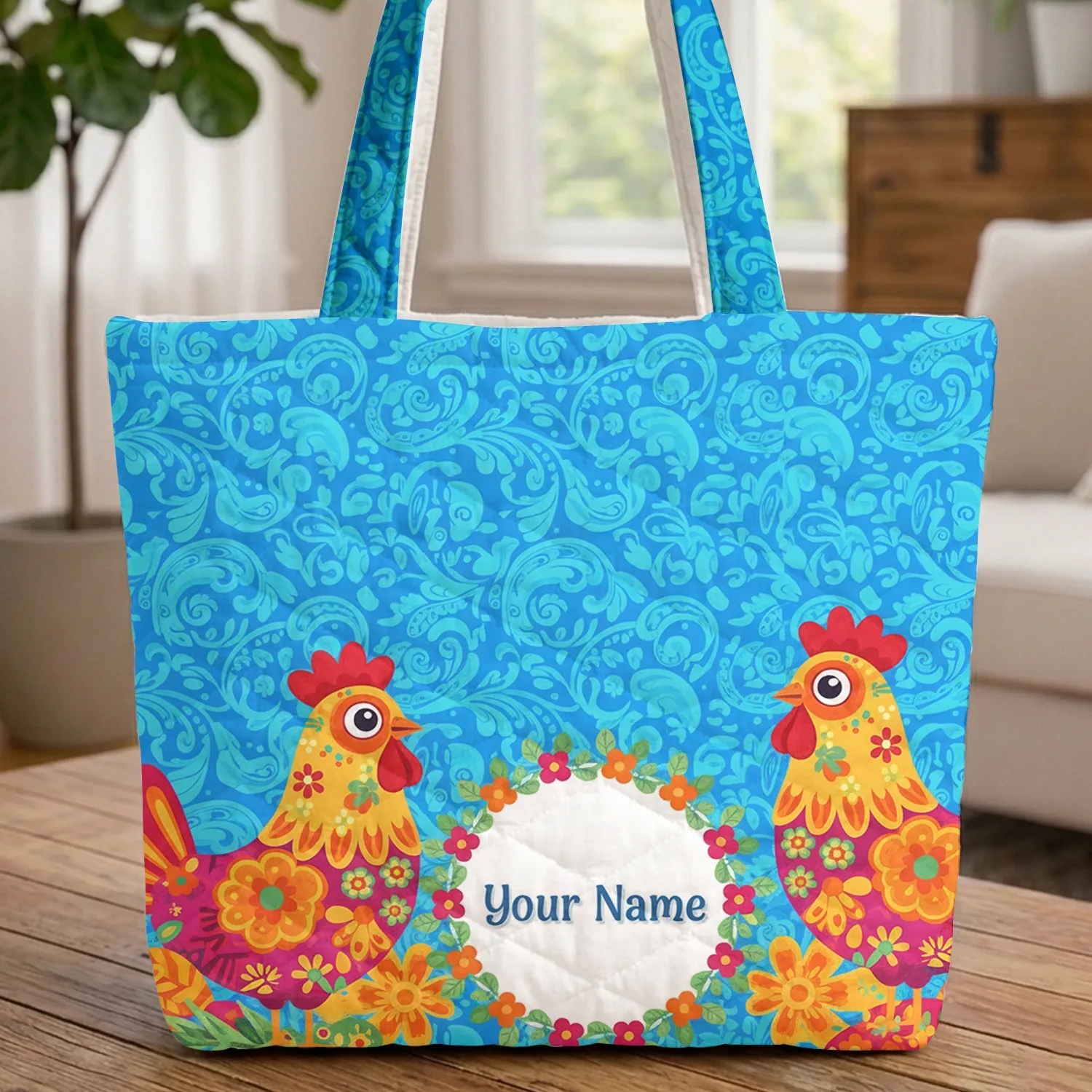 Swirling Waves Leafy Floral Chickens Rooster Red Combs Name Wreath Gift for Chicken Lover Quilted Tote Bag - 1