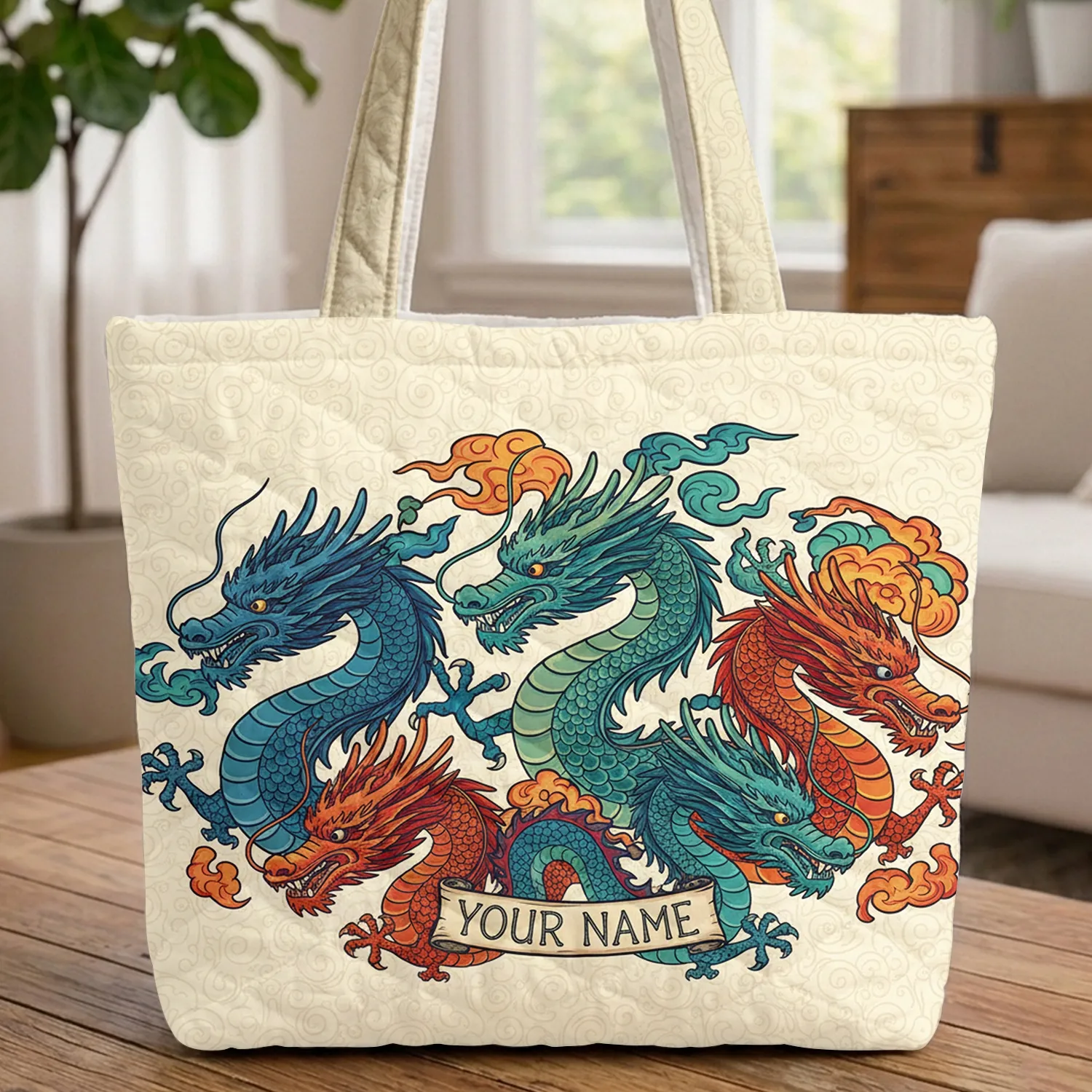 Four Dragons Mystical Clouds Curved Scroll - Fantasy Lover Gift Quilted Tote Bag - 1